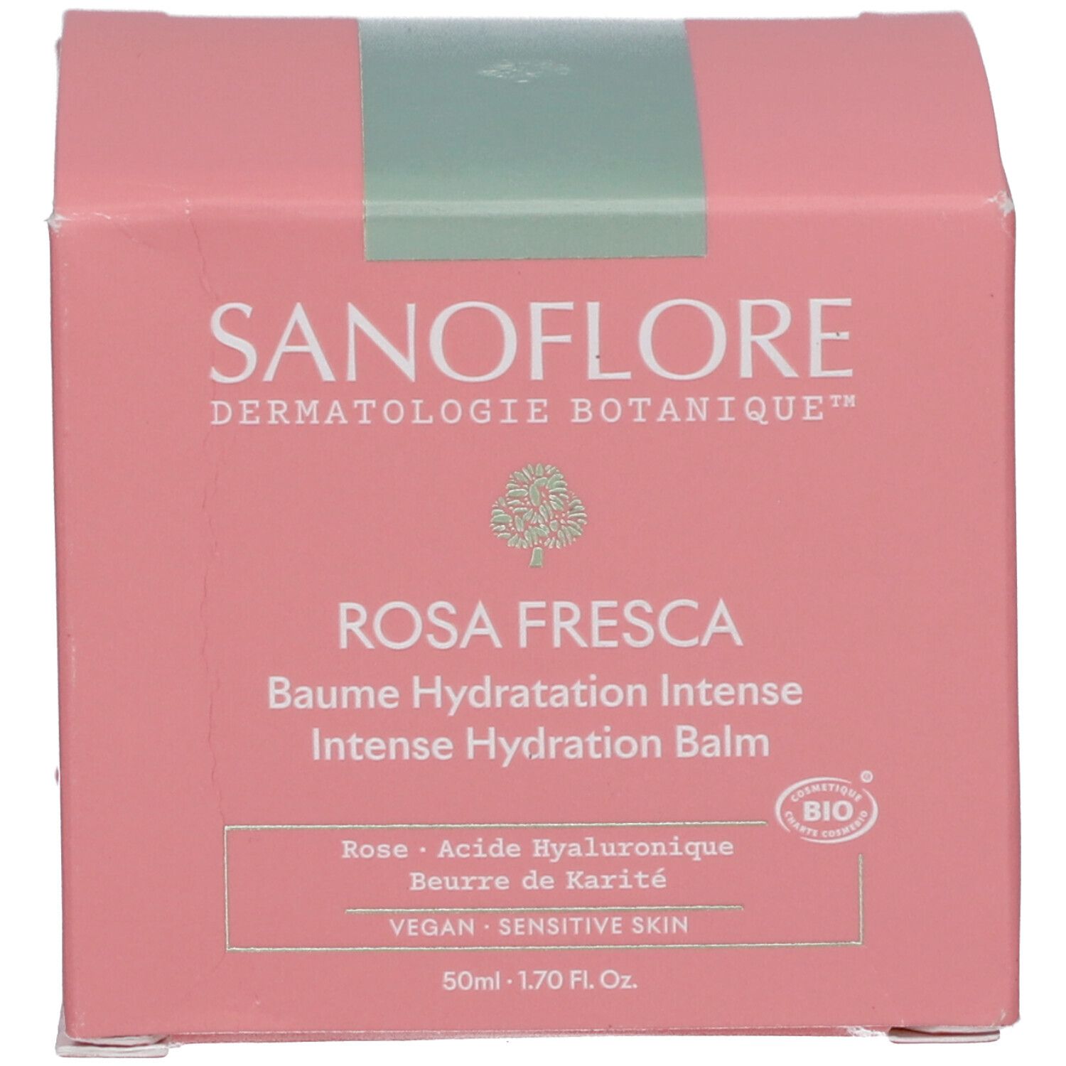 Emballage rose pour Rosa Fresca Baume Hydratation Intense. Marque SANOFLORE. Texte: Rose, Acide Hyaluronique, Beurre de Karité.