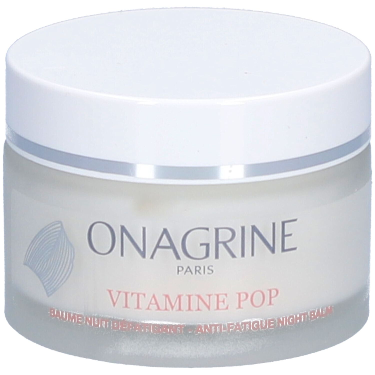 Pot rond avec couvercle blanc. Inscription: Onagrine, Vitamine Pop, Baume Nuit Anti-Fatigue. Contenu crème visible.