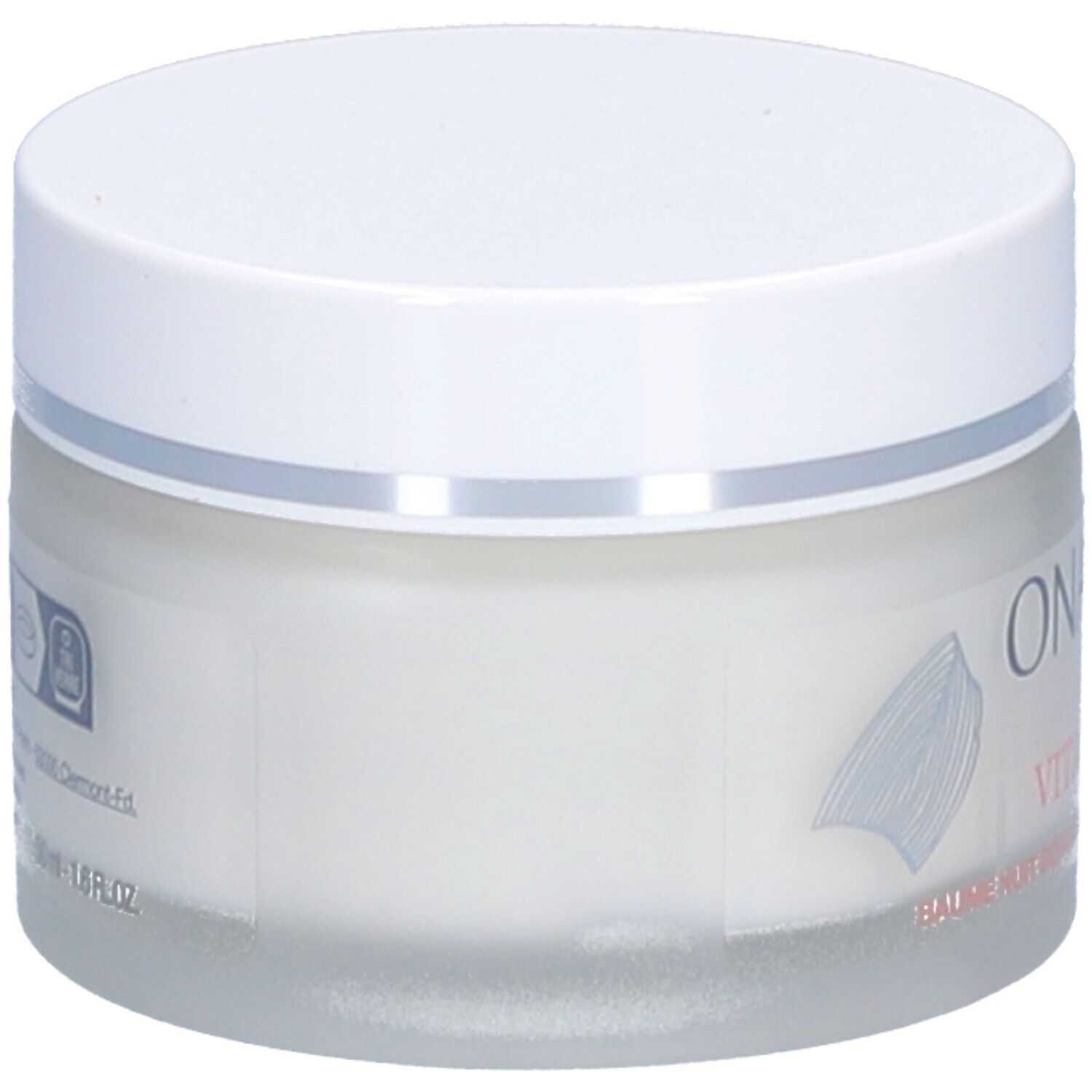 Pot rond avec couvercle blanc. Inscription: Onagrine, Vitamine Pop, Baume Nuit Anti-Fatigue. Contenu crème visible.