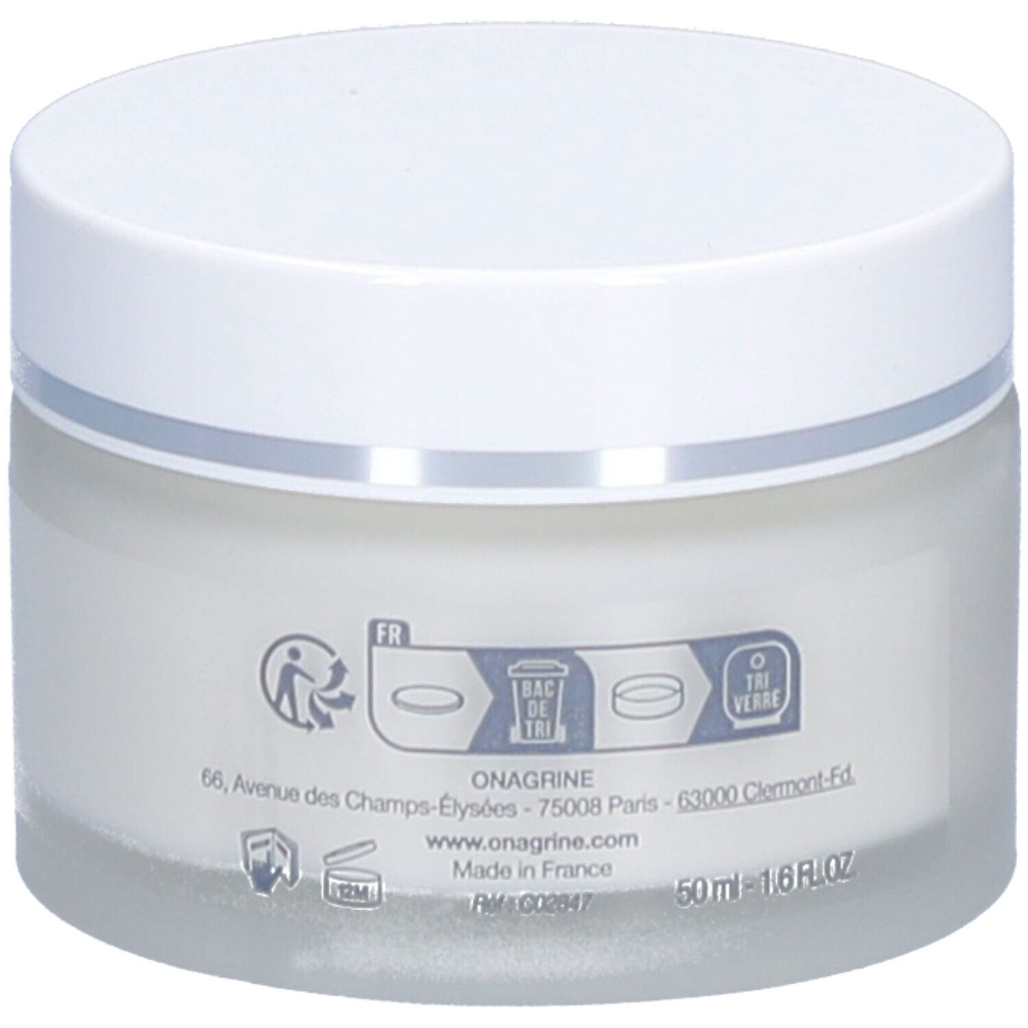 Pot rond avec couvercle blanc. Inscription: Onagrine, Vitamine Pop, Baume Nuit Anti-Fatigue. Contenu crème visible.