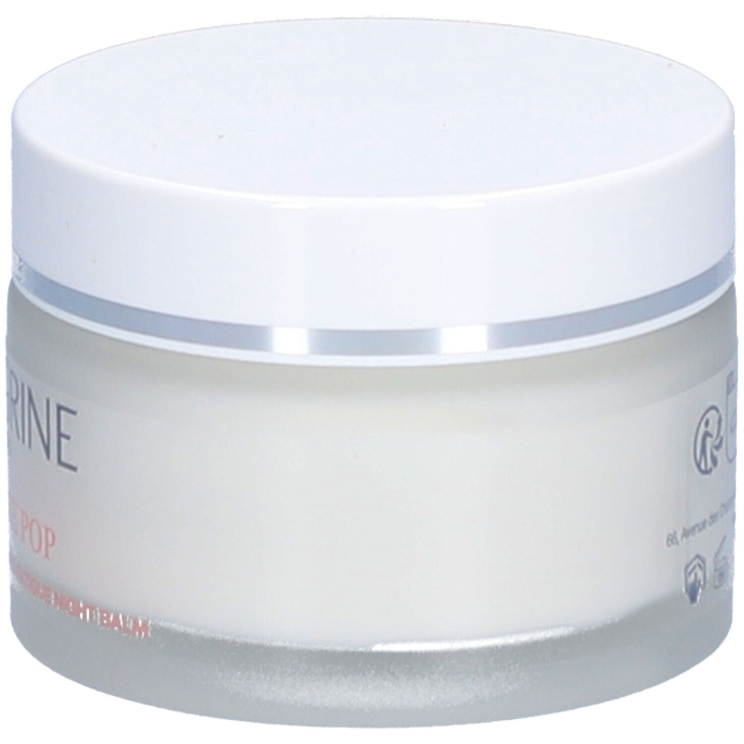 Pot rond avec couvercle blanc. Inscription: Onagrine, Vitamine Pop, Baume Nuit Anti-Fatigue. Contenu crème visible.