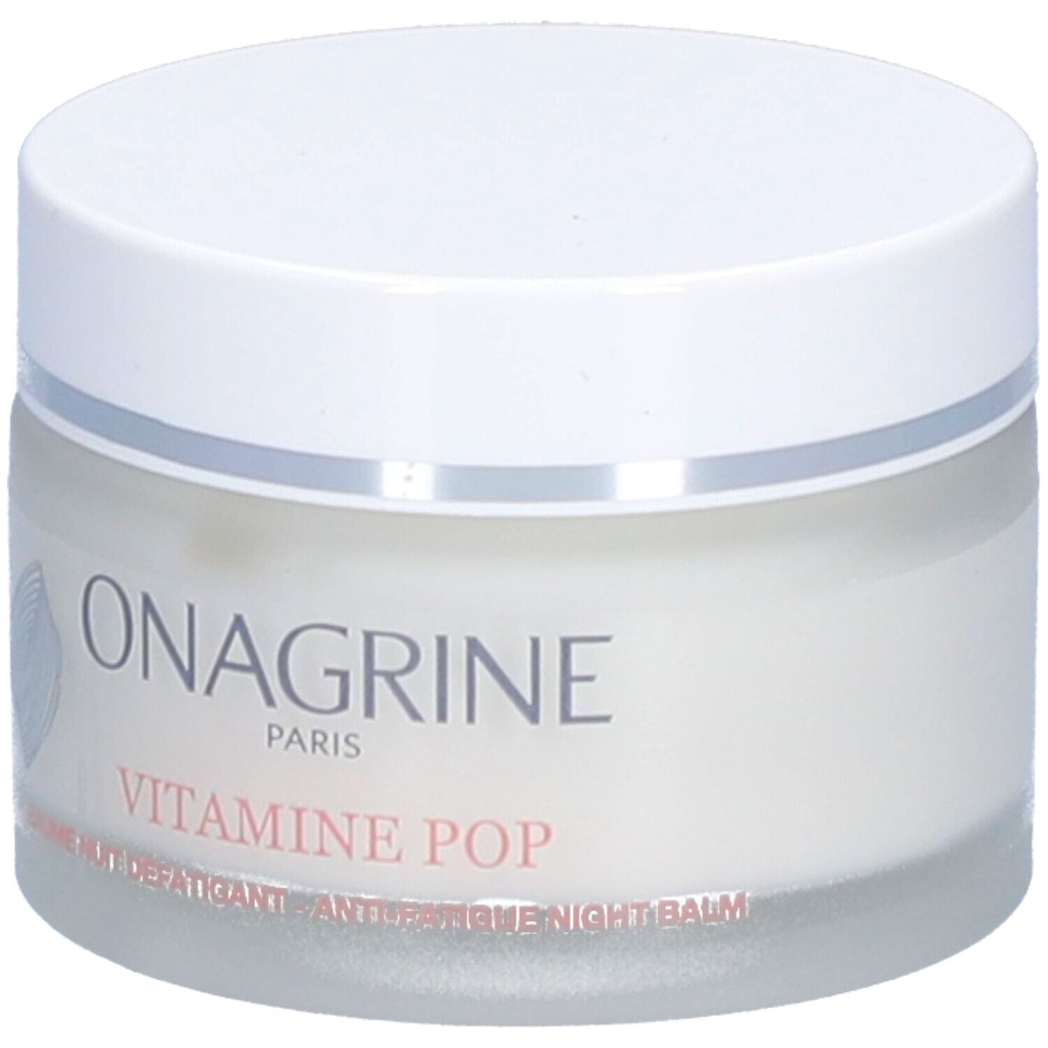 Pot rond avec couvercle blanc. Inscription: Onagrine, Vitamine Pop, Baume Nuit Anti-Fatigue. Contenu crème visible.