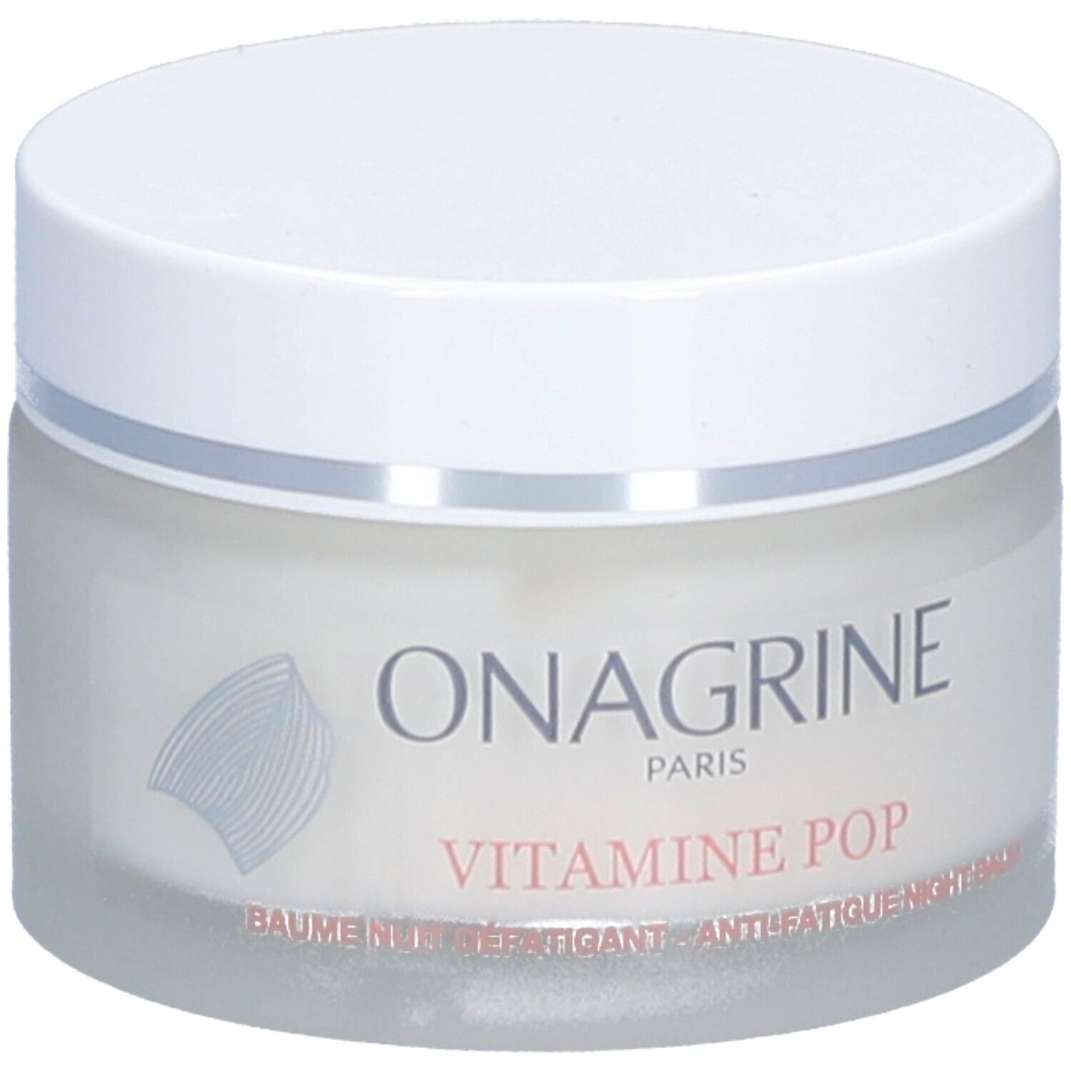Pot rond avec couvercle blanc. Inscription: Onagrine, Vitamine Pop, Baume Nuit Anti-Fatigue. Contenu crème visible.