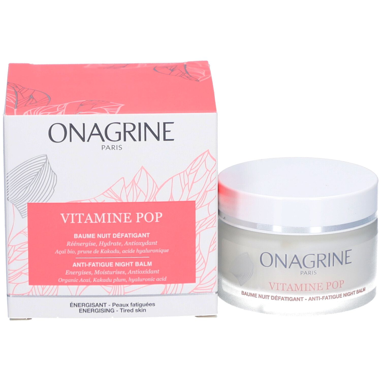 Emballage et pot du produit. Inscription: Onagrine, Vitamine Pop, Baume Nuit Anti-Fatigue. Emballage rose et blanc.