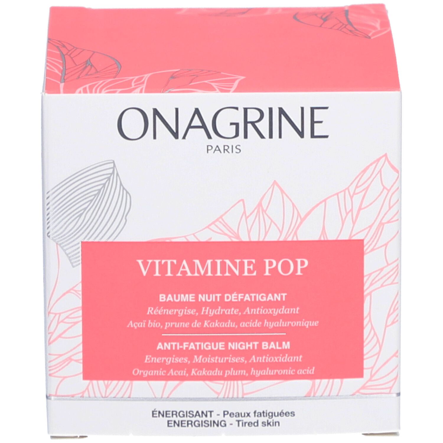 Emballage produit rose et blanc. Inscription: Onagrine, Vitamine Pop, Baume Nuit Défatigant. Texte et logo.