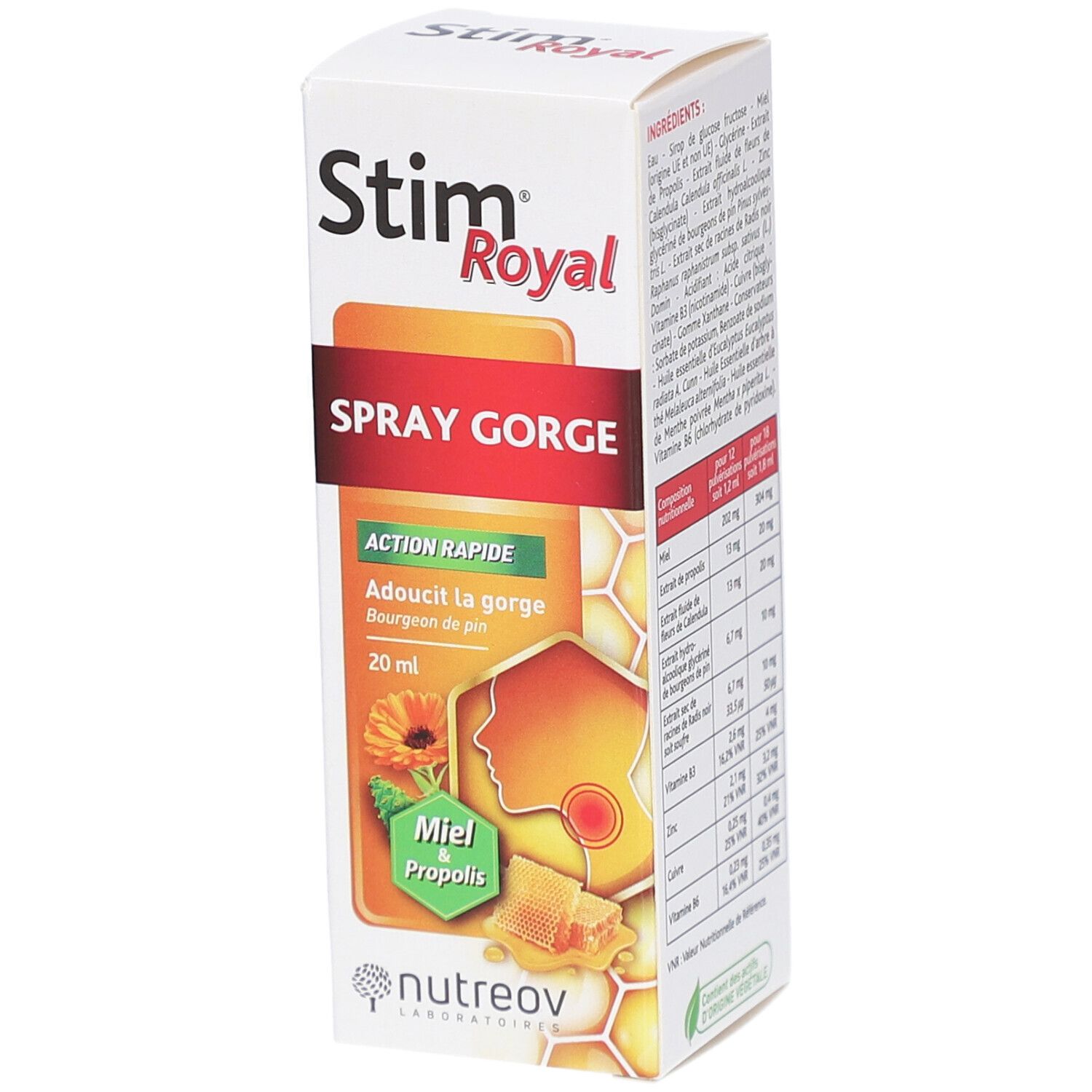 Boîte de Stim Royal Spray gorge, 20 ml. Illustration de miel et propolis. Inscription: SPRAY GORGE.