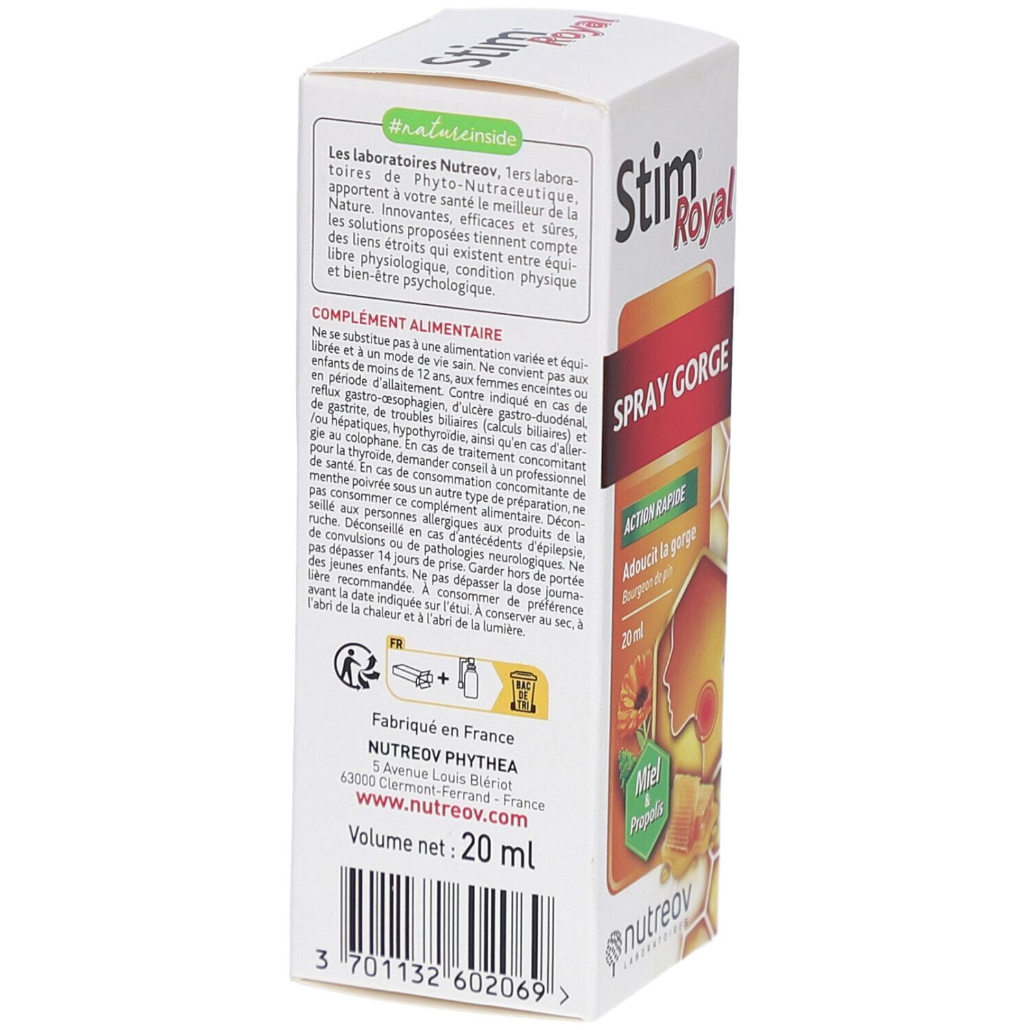 Dos de la boîte Stim Royal Spray. Texte sur les laboratoires Nutreov et les ingrédients. Volume : 20 ml.