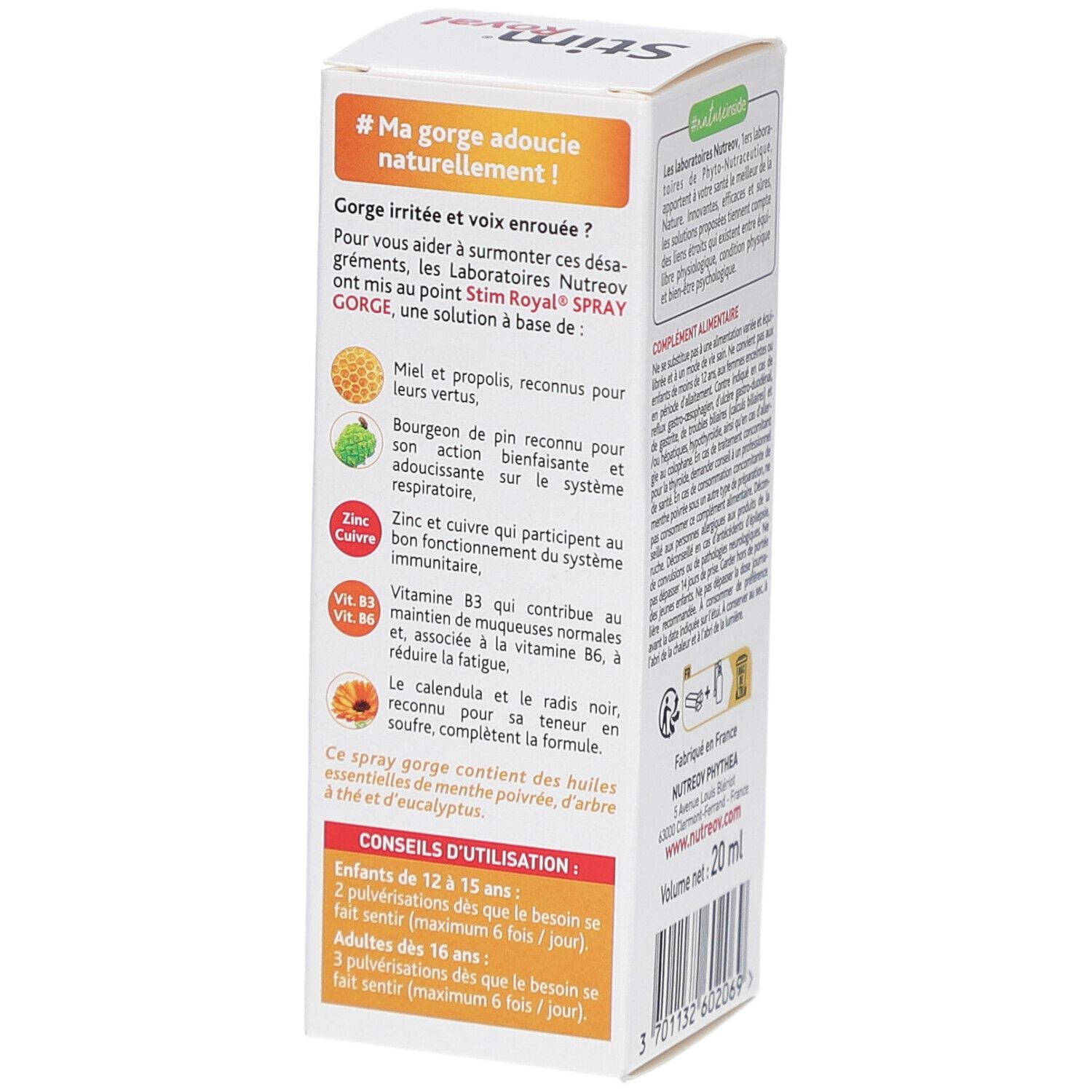 Côté de la boîte Stim Royal Spray. Texte sur l'utilisation et les ingrédients. Volume : 20 ml.