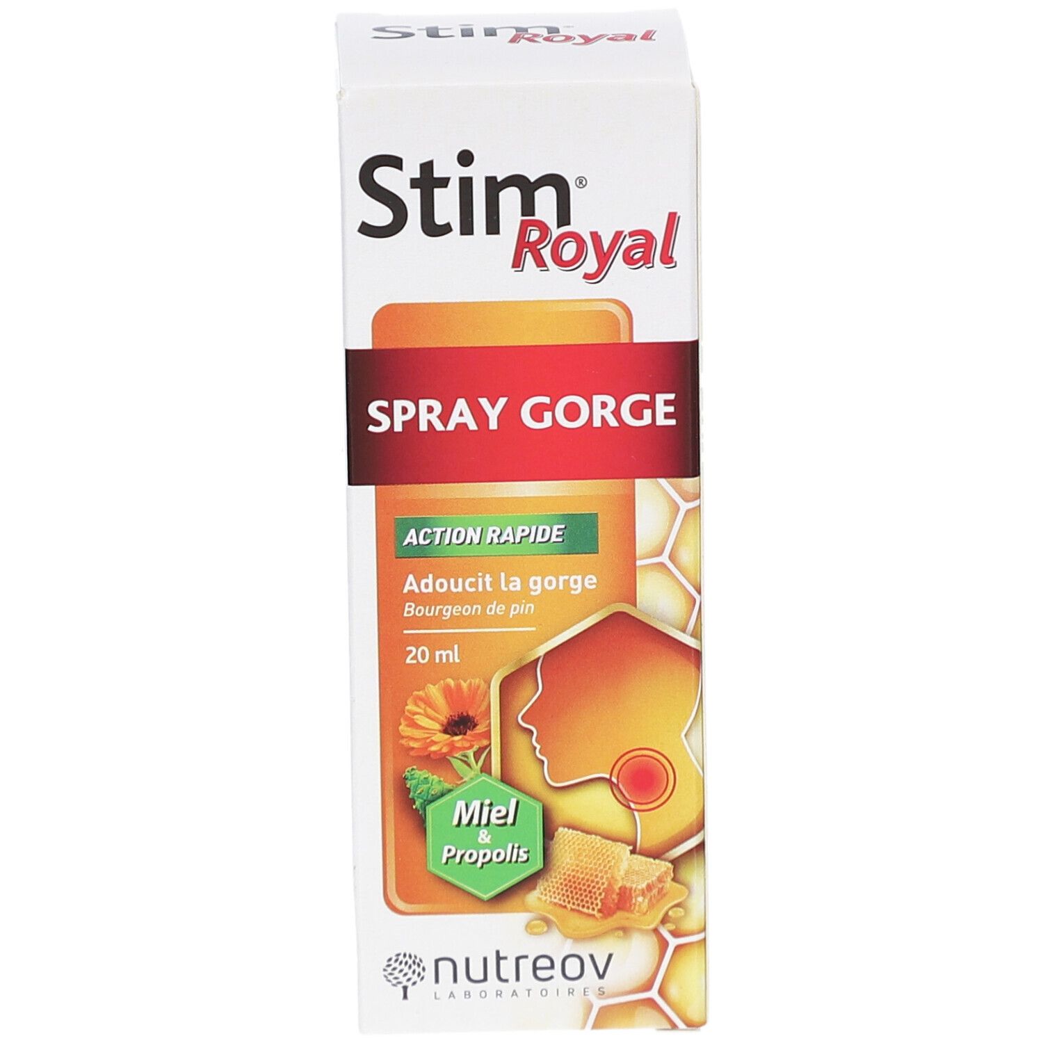 Face avant de la boîte Stim Royal Spray. Inscription: SPRAY GORGE, 20 ml. Illustrations de miel et propolis.