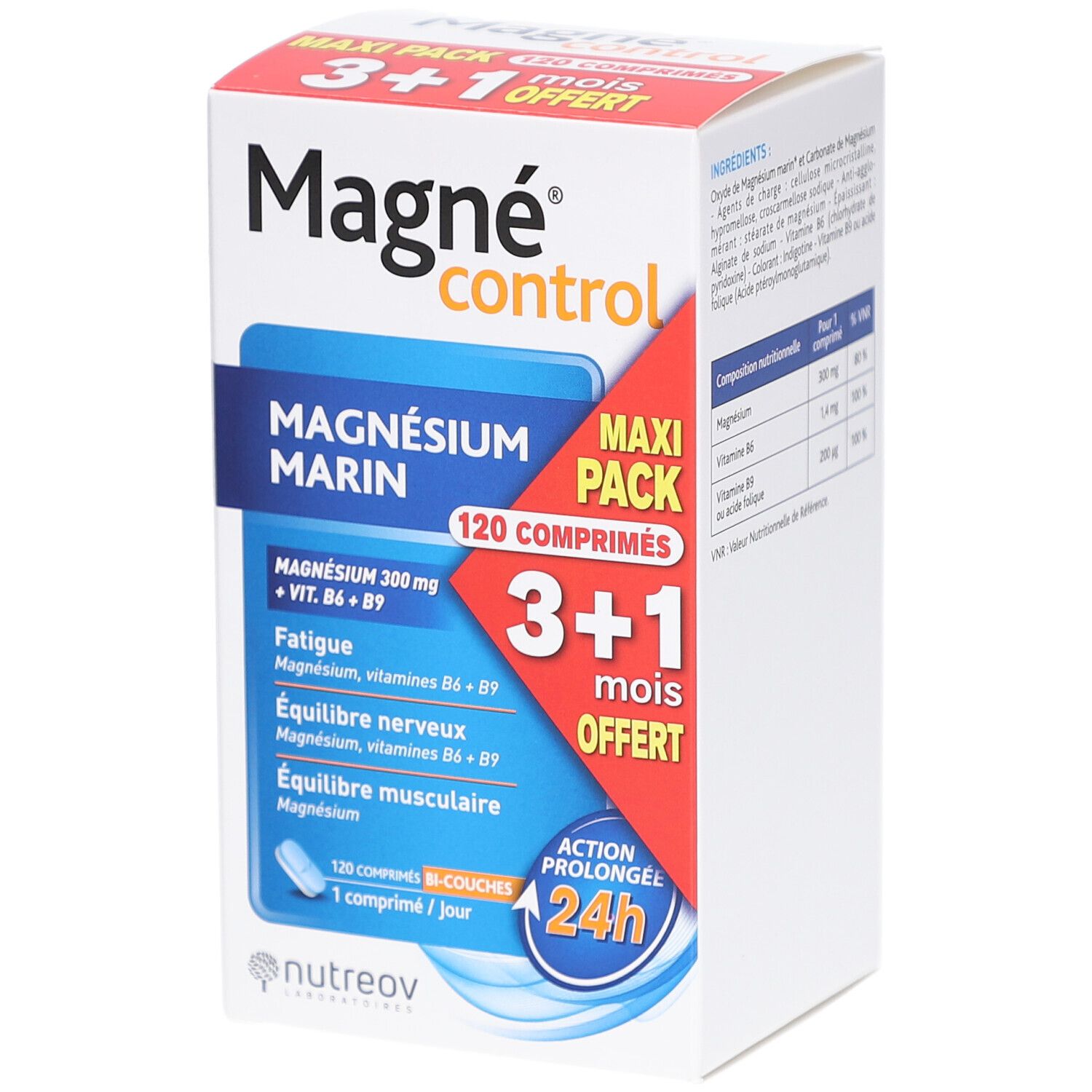 Boîte MAGNE CONTROL CPR 120. Accents bleus et rouges. Contient 120 comprimés. 3+1 gratuit. Magnésium Marin.