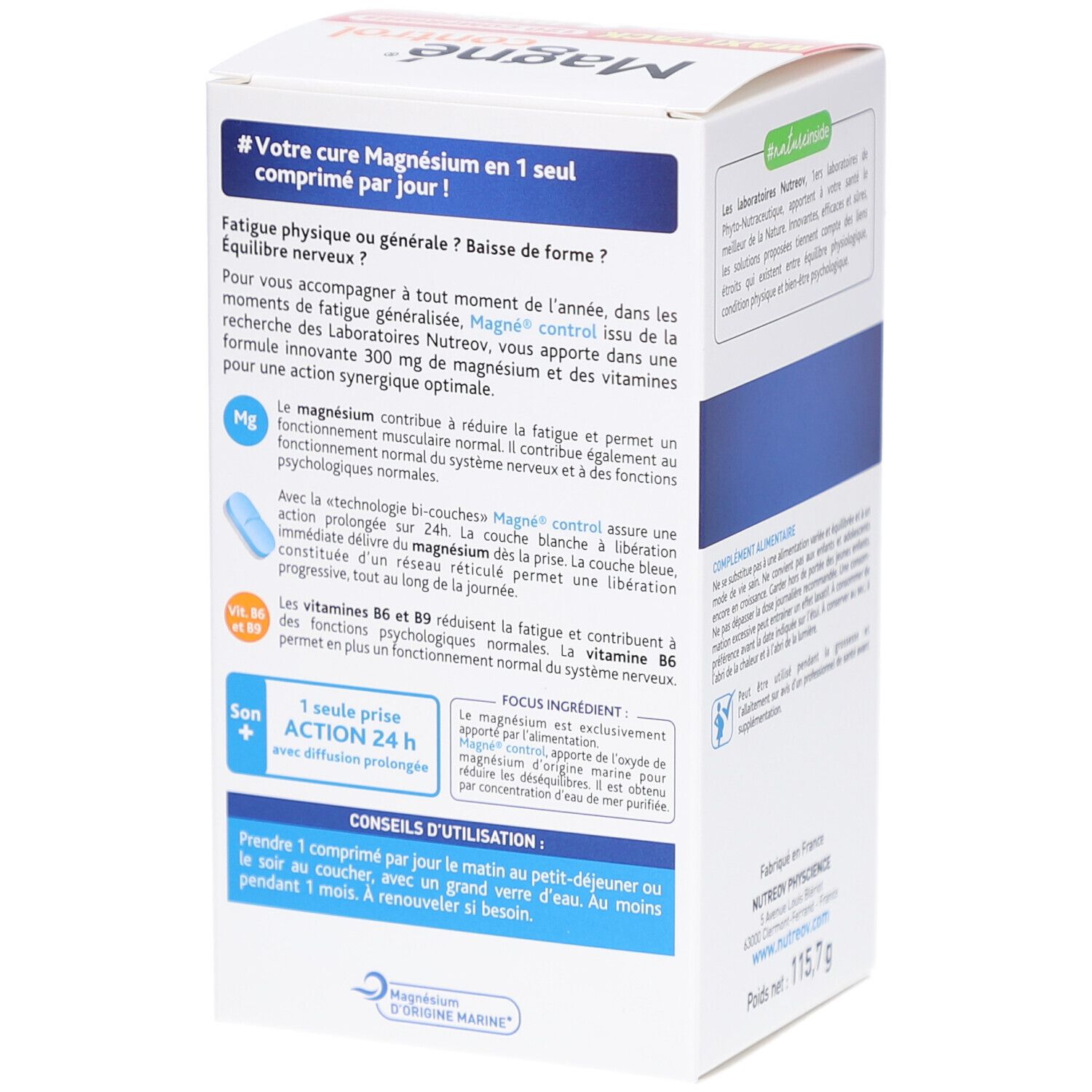 Boîte MAGNE CONTROL CPR 120. Texte : #Votre cure de magnésium en 1 comprimé par jour. Informations d'utilisation et ingrédients.