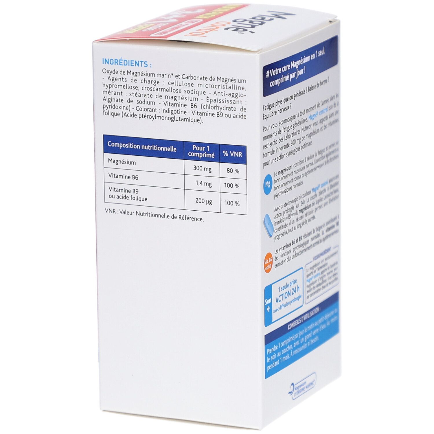 Boîte MAGNE CONTROL CPR 120. Tableau nutritionnel avec ingrédients et %VNR. Contient magnésium, vitamine B6, B9.