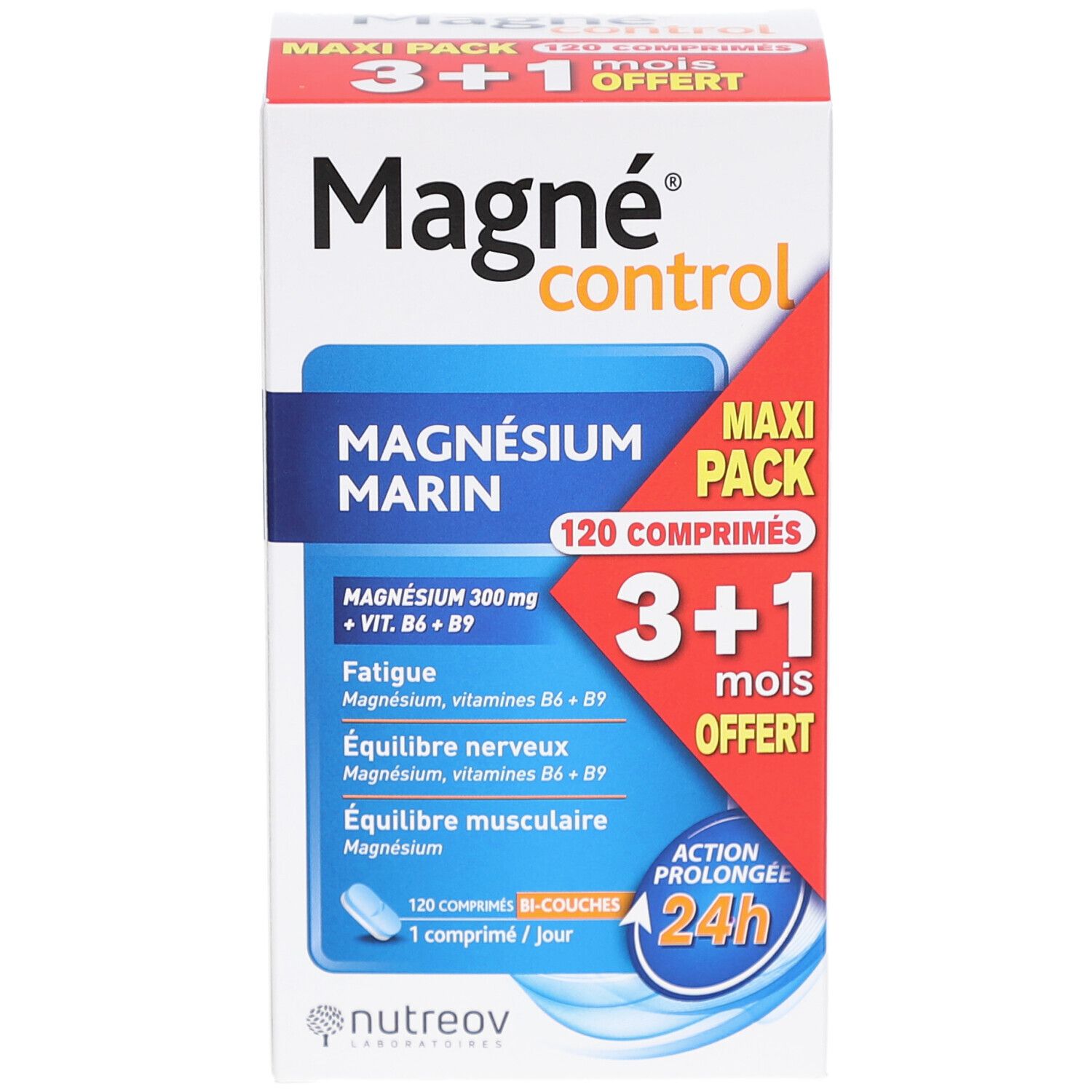Boîte MAGNE CONTROL CPR 120. Contient 120 comprimés. 3+1 gratuit. Magnésium Marin. Accents bleus et rouges.