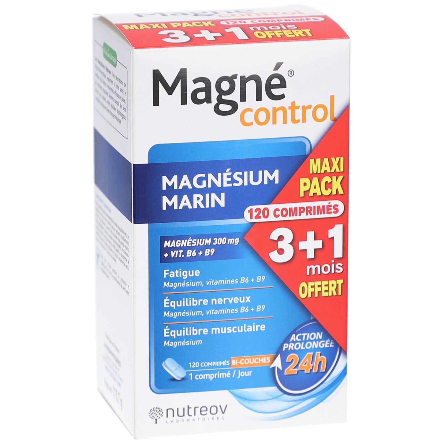 Boîte MAGNE CONTROL CPR 120. Contient 120 comprimés. 3+1 gratuit. Magnésium Marin. Accents bleus et rouges.