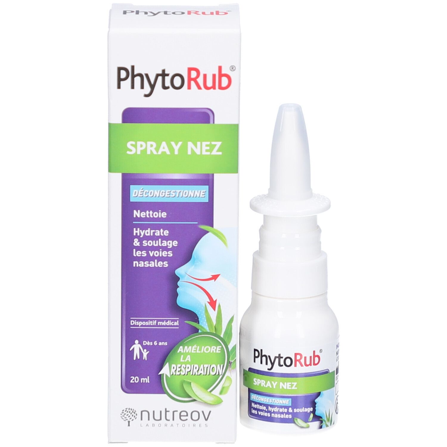 Emballage et flacon. Inscription: PhytoRub, SPRAY NEZ. Boîte avec texte et illustrations. 20 ml. Dispositif médical.