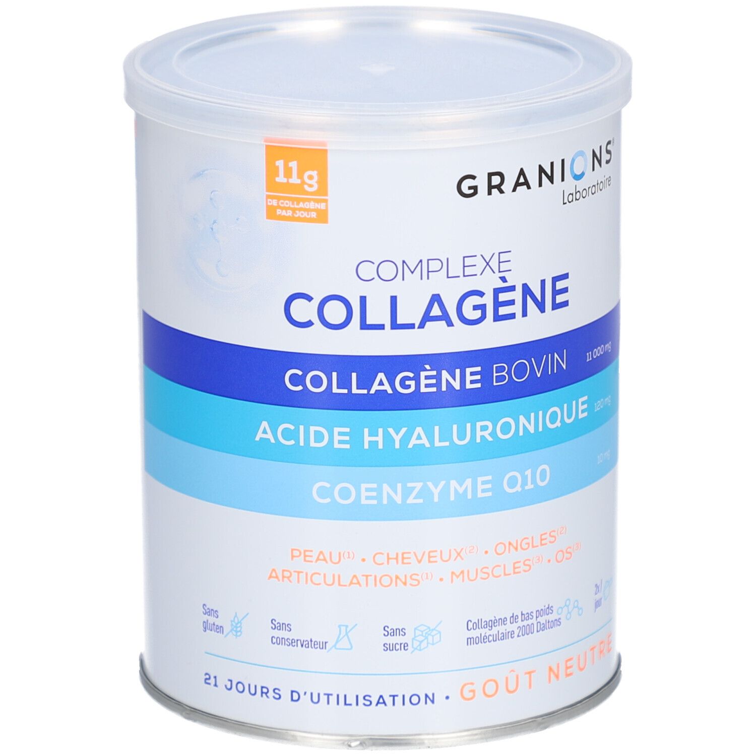 Boîte cylindrique GRANIONS COLLAGENE BOVIN. Contient collagène, acide hyaluronique et Q10. Goût neutre. 21 jours d'utilisation.