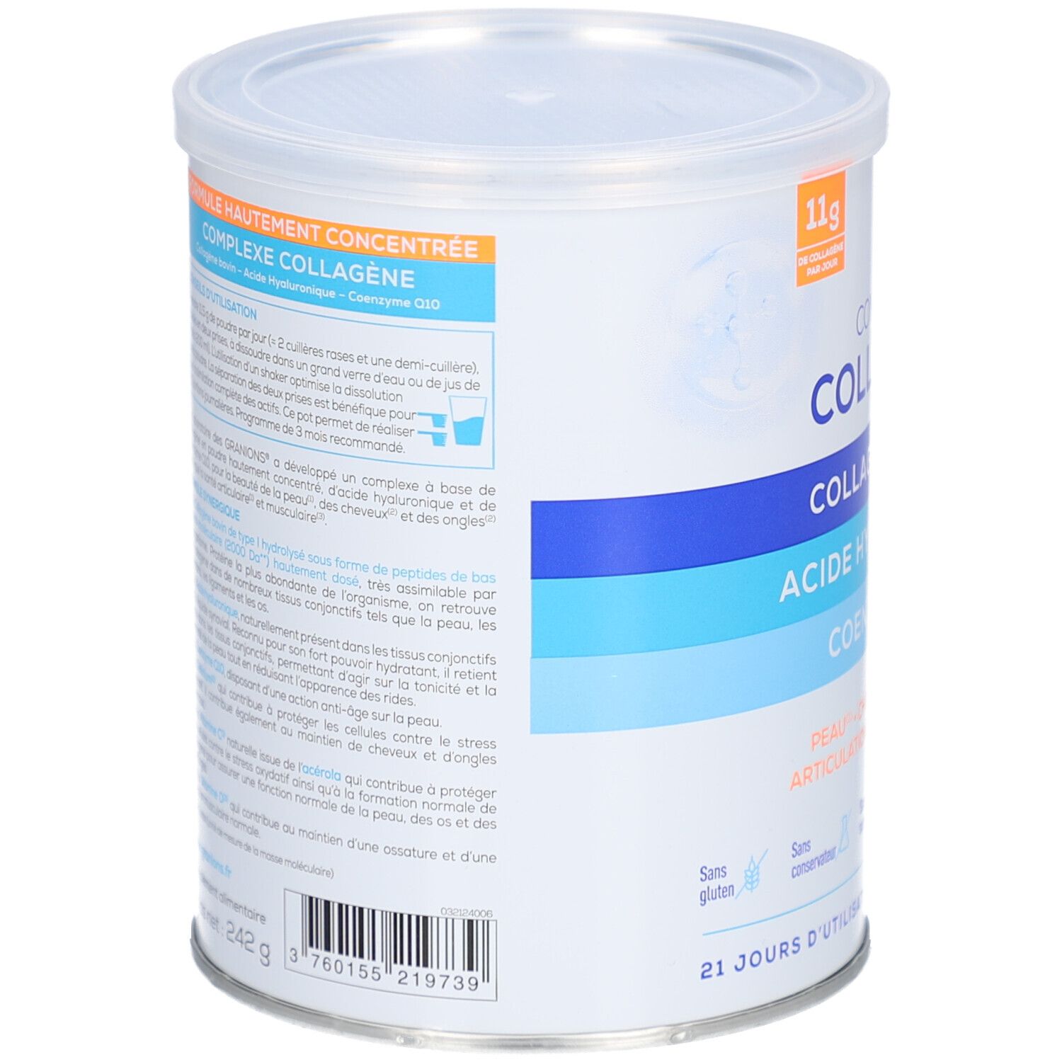 Dos de la boîte GRANIONS COLLAGENE BOVIN. Informations sur les ingrédients et l'utilisation. 242g.