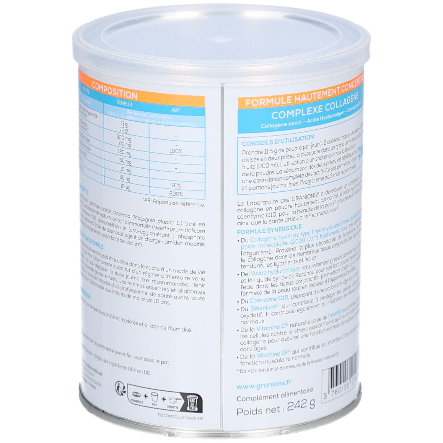 Dos de la boîte GRANIONS COLLAGENE BOVIN. Informations sur les ingrédients et l'utilisation. 242g.