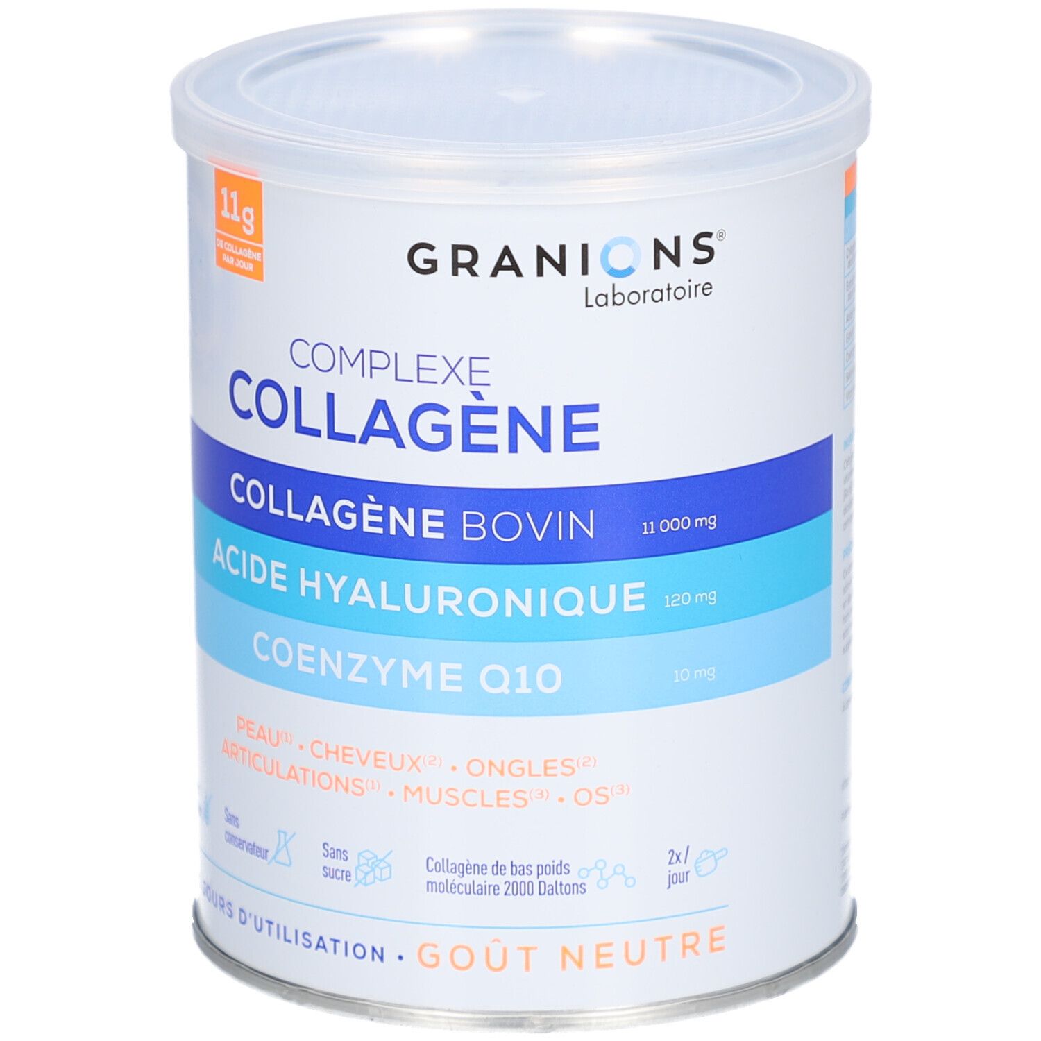 Boîte cylindrique GRANIONS COLLAGENE BOVIN. Contient collagène, acide hyaluronique et Q10. 11 000 mg collagène.
