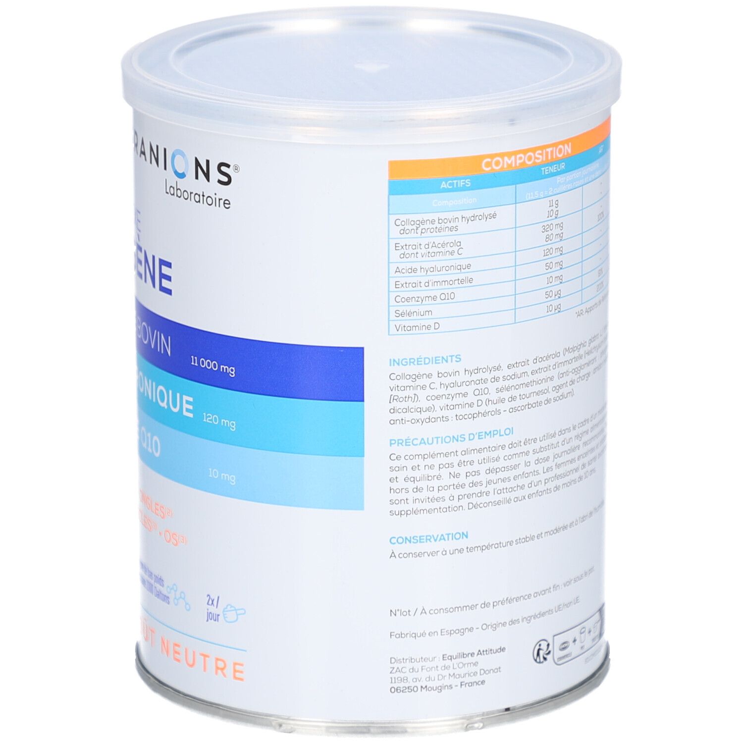 Dos de la boîte GRANIONS COLLAGENE BOVIN. Informations sur les ingrédients et l'utilisation. 242g.