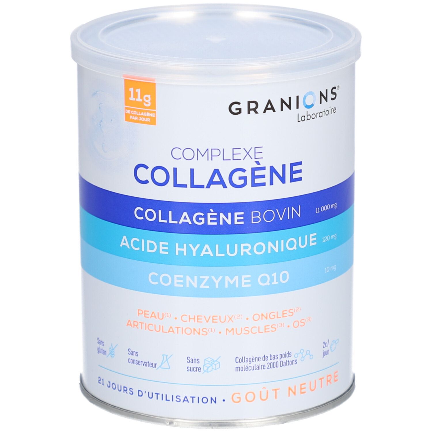 Boîte cylindrique GRANIONS COLLAGENE BOVIN. Contient collagène, acide hyaluronique et Q10. Goût neutre. 21 jours.