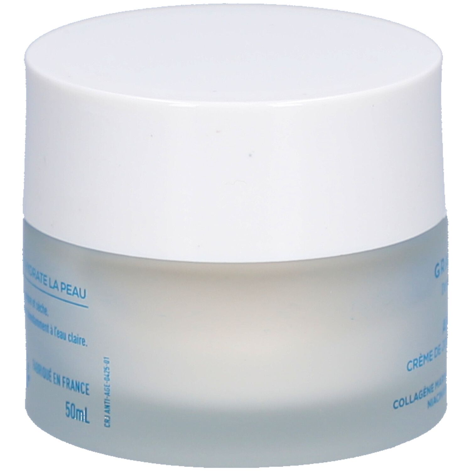 Pot de crème avec couvercle blanc. Inscription: 50ml. Dos avec texte: hydrate la peau, Fabriqué en France.