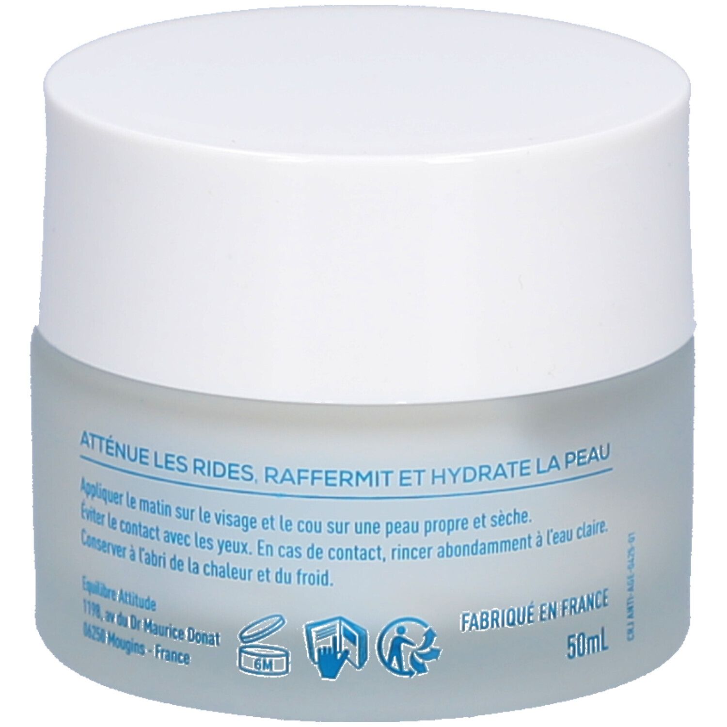 Pot de crème avec couvercle blanc. Dos avec texte: Atténue les rides, raffermit et hydrate la peau. Fabriqué en France.