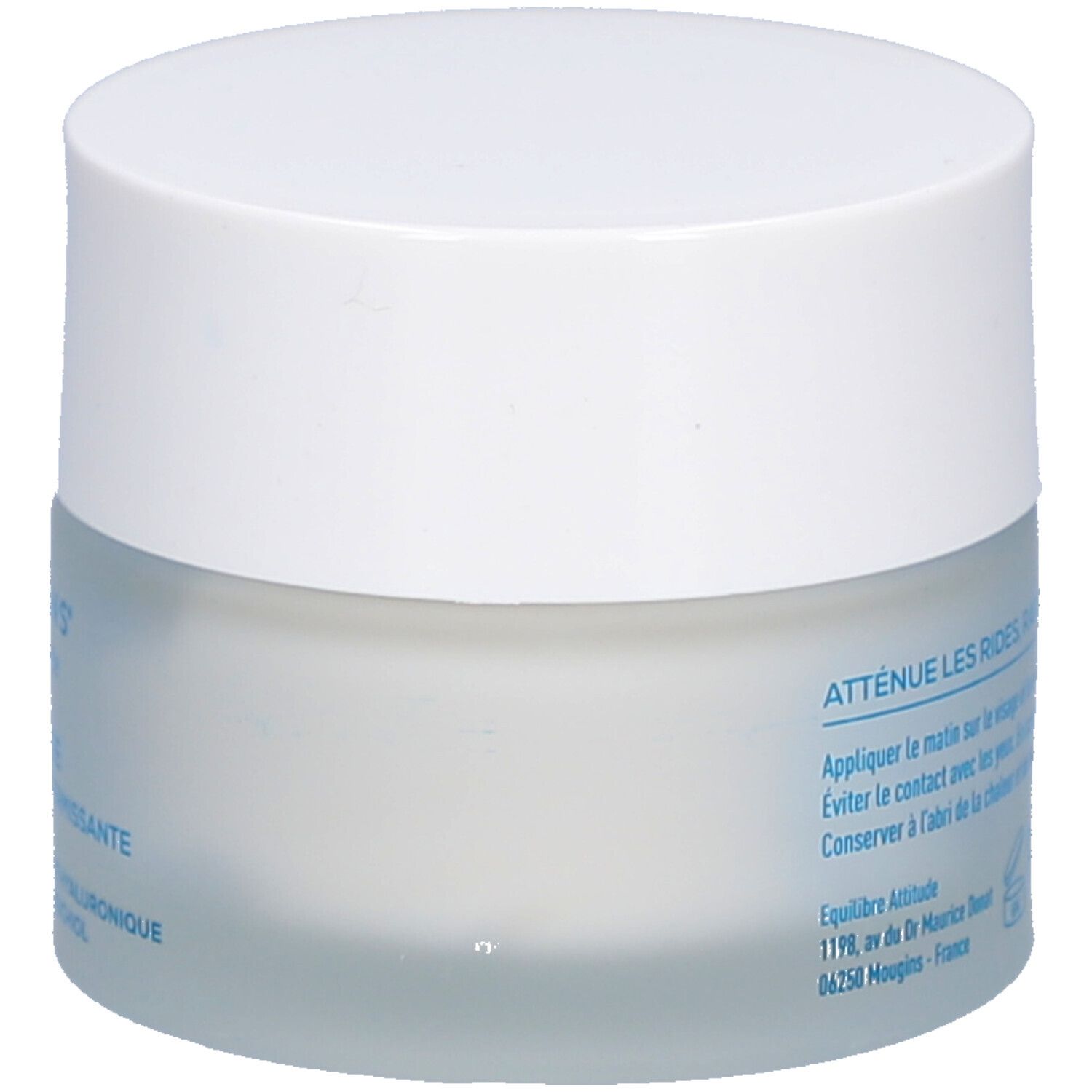 Pot de crème avec couvercle blanc. Dos avec texte: Atténue les rides, raffermit et hydrate la peau. Fabriqué en France.
