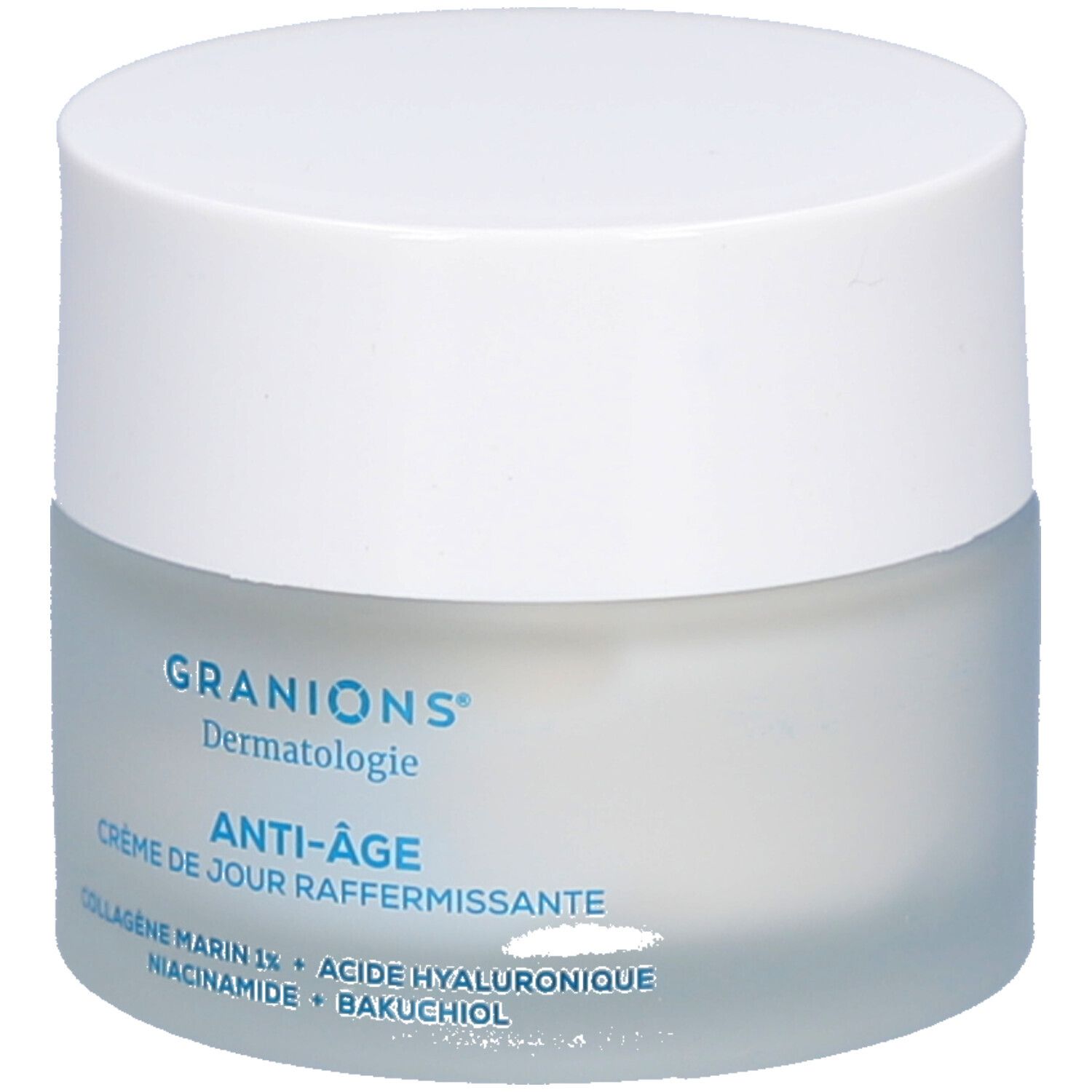 Pot de crème avec couvercle blanc. Inscriptions: Granions Dermatologie, Anti-Âge, Crème de jour raffermissante. Ingrédients.