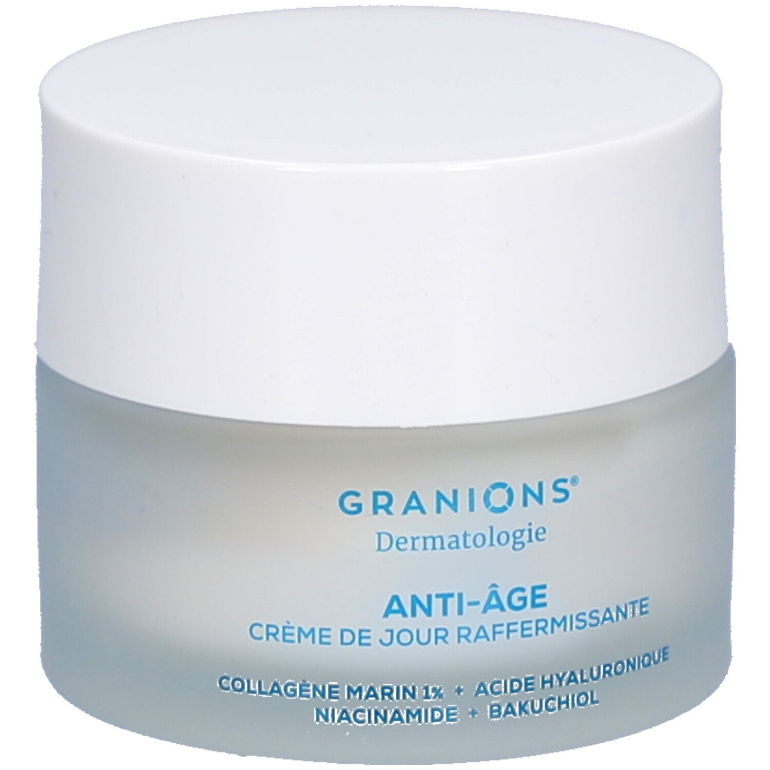Pot de crème avec couvercle blanc. Inscriptions: Granions Dermatologie, Anti-Âge, Crème de jour raffermissante. Ingrédients.
