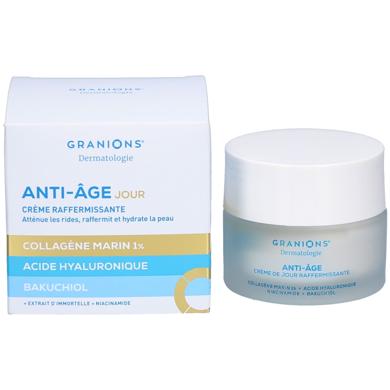 Emballage et pot de crème. Inscriptions: Granions Dermatologie, Anti-Âge jour, Crème raffermissante. Ingrédients.