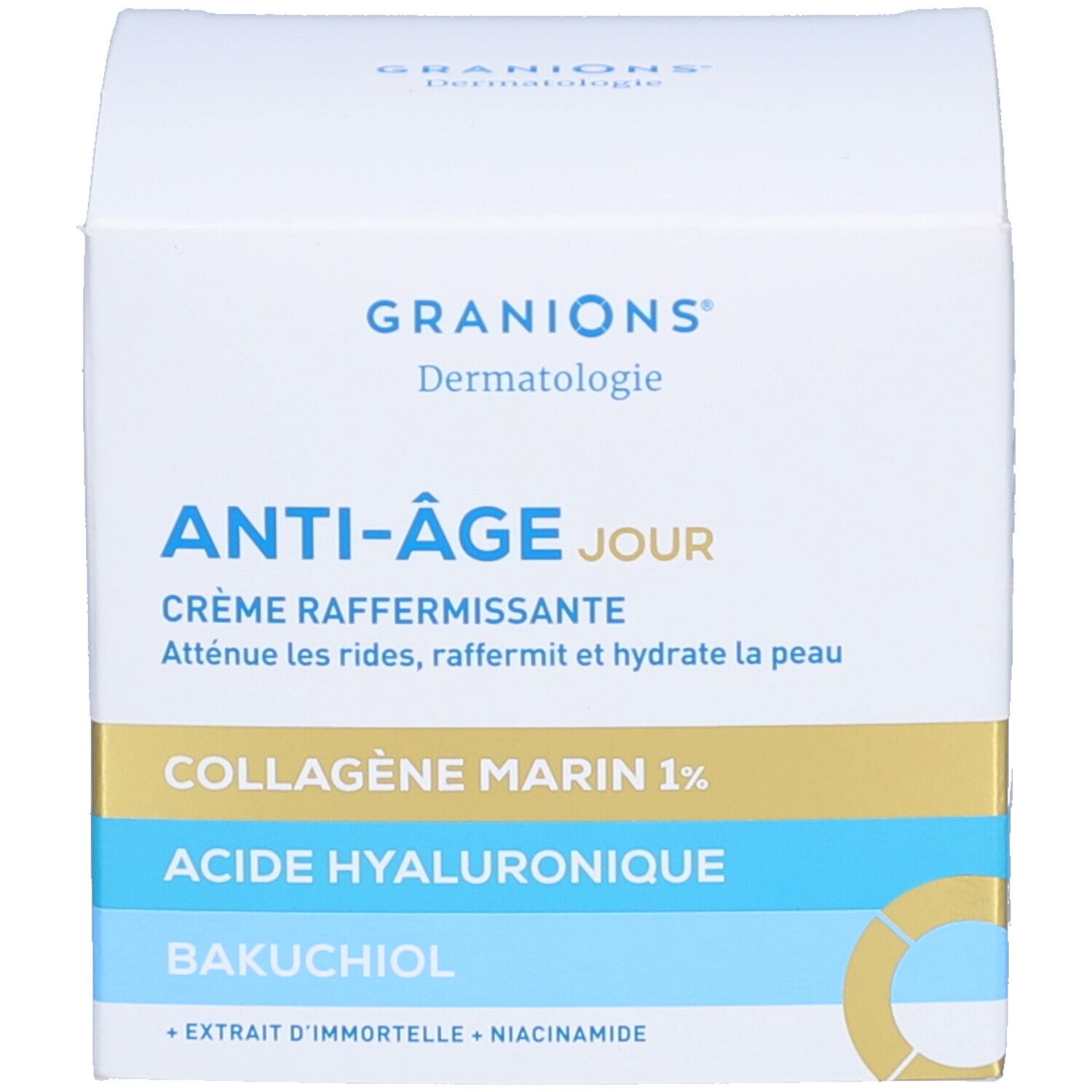 Emballage du produit. Inscriptions: Granions Dermatologie, Anti-Âge jour, Crème raffermissante. Ingrédients.