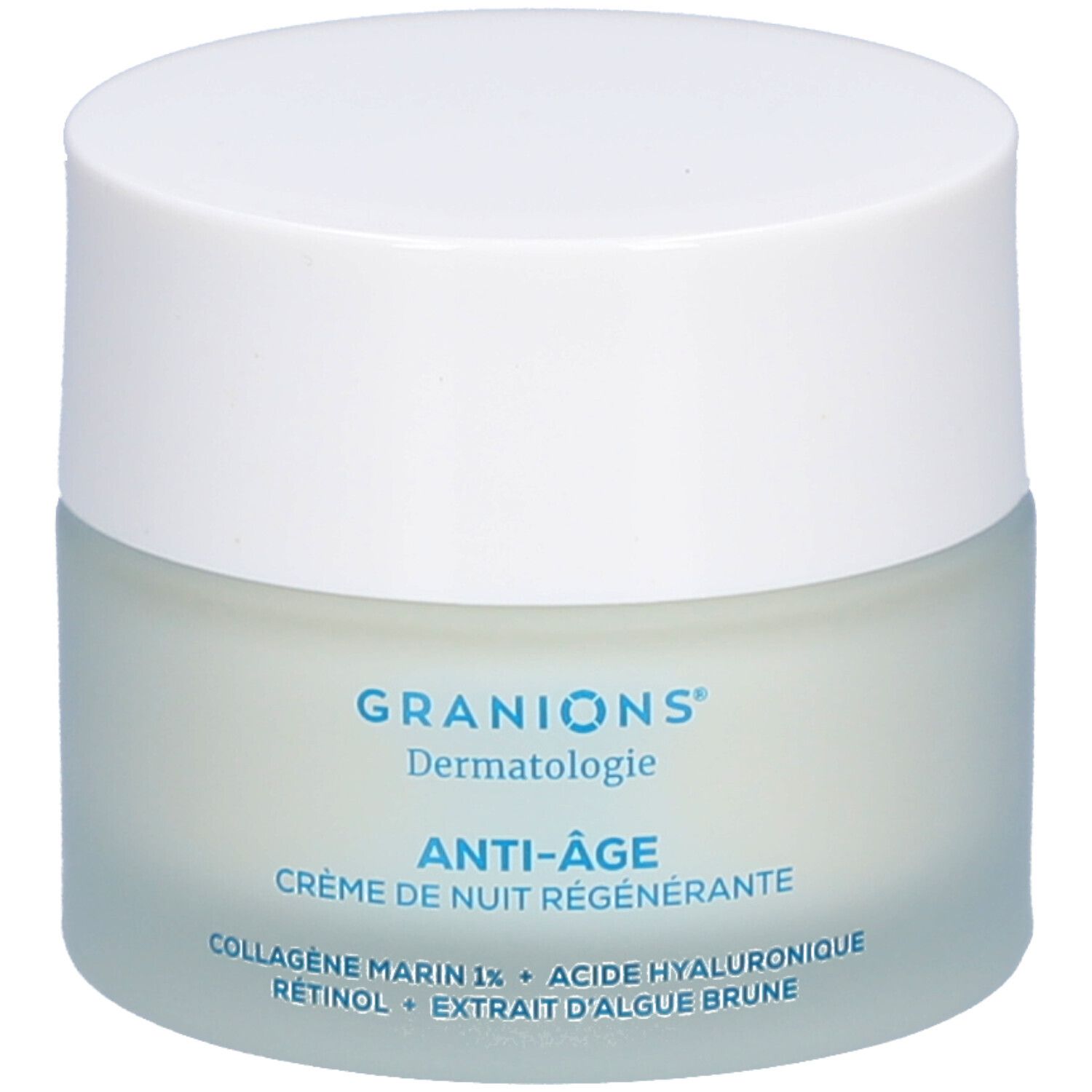 Pot de crème avec couvercle blanc. Inscriptions: GRANIONS Dermatologie, ANTI-ÂGE, Crème de nuit régénérante. Ingrédients.