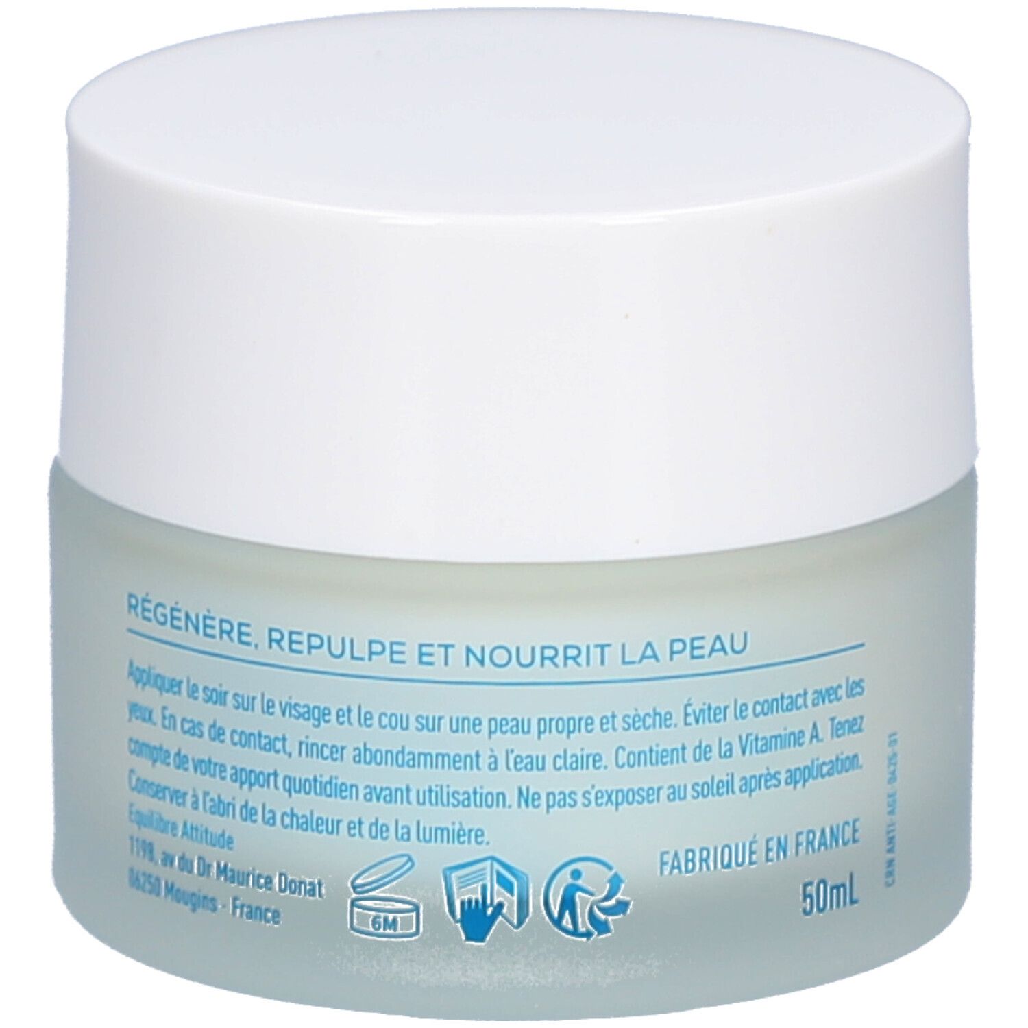 Pot de crème avec couvercle blanc. Inscriptions: Régénère, repulpe et nourrit la peau. Mode d'emploi. Volume: 50ml. Fabriqué en France.