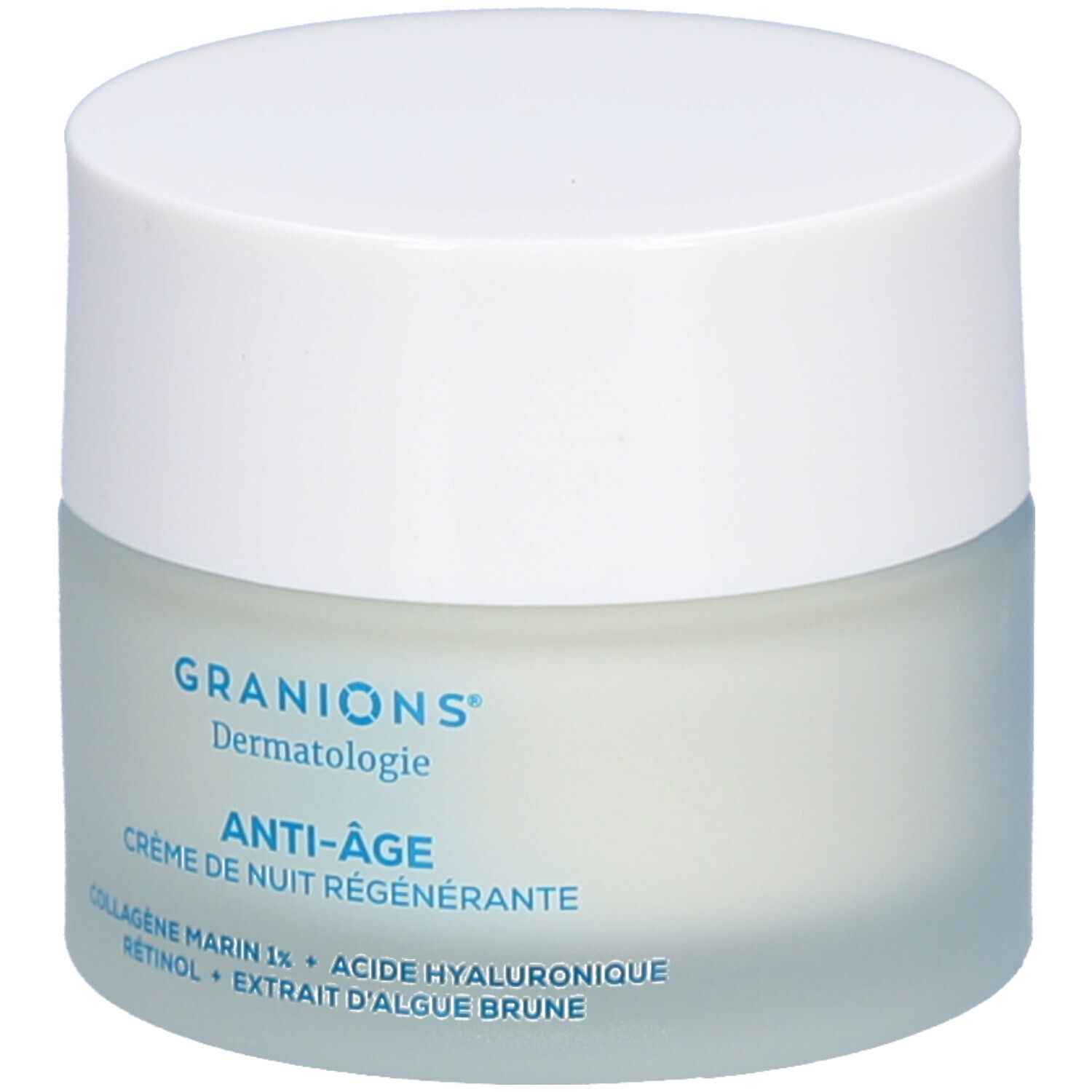 Pot de crème avec couvercle blanc. Inscriptions: GRANIONS Dermatologie, ANTI-ÂGE, Crème de nuit régénérante. Ingrédients.
