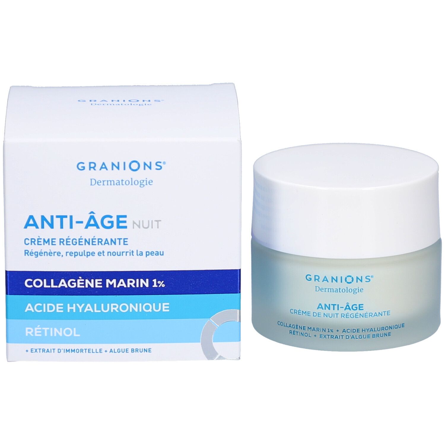 Emballage et pot de crème. Inscriptions: GRANIONS Dermatologie, ANTI-ÂGE NUIT, Crème régénérante. Ingrédients.