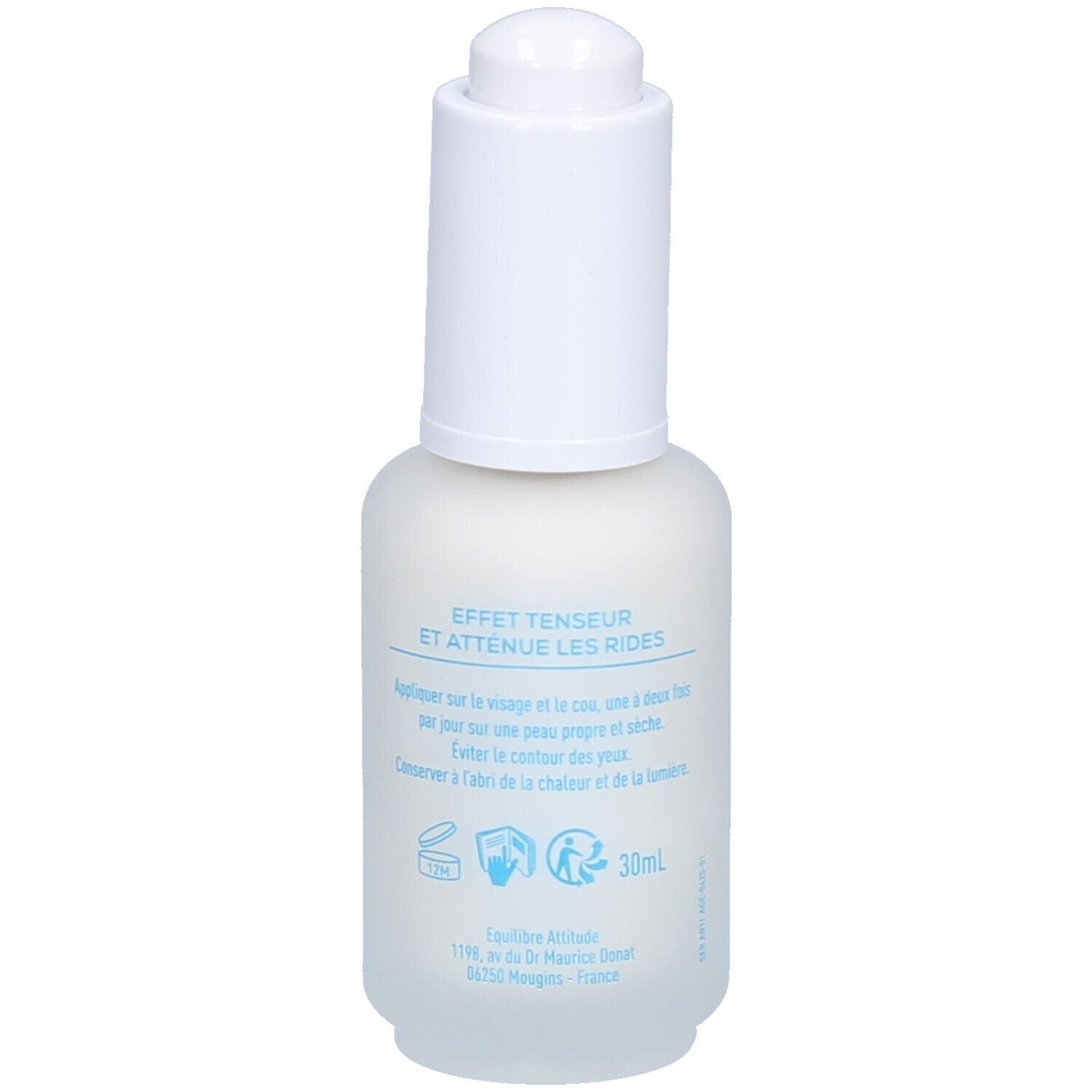 Dos du flacon de sérum. Inscription : Effet tenseur et atténue les rides. Contient collagène marin, acide hyaluronique et niacinamide. 30 ml.