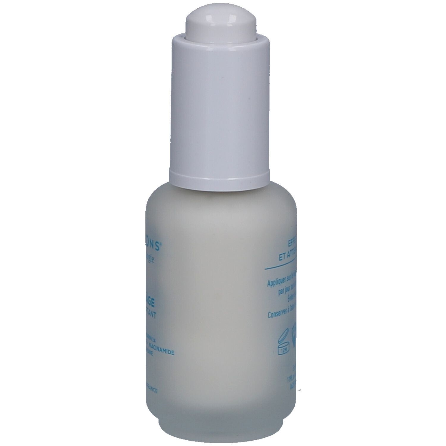 Dos du flacon de sérum. Inscription : Granions. Contient collagène marin, acide hyaluronique et niacinamide. Contenance : 30 ml.