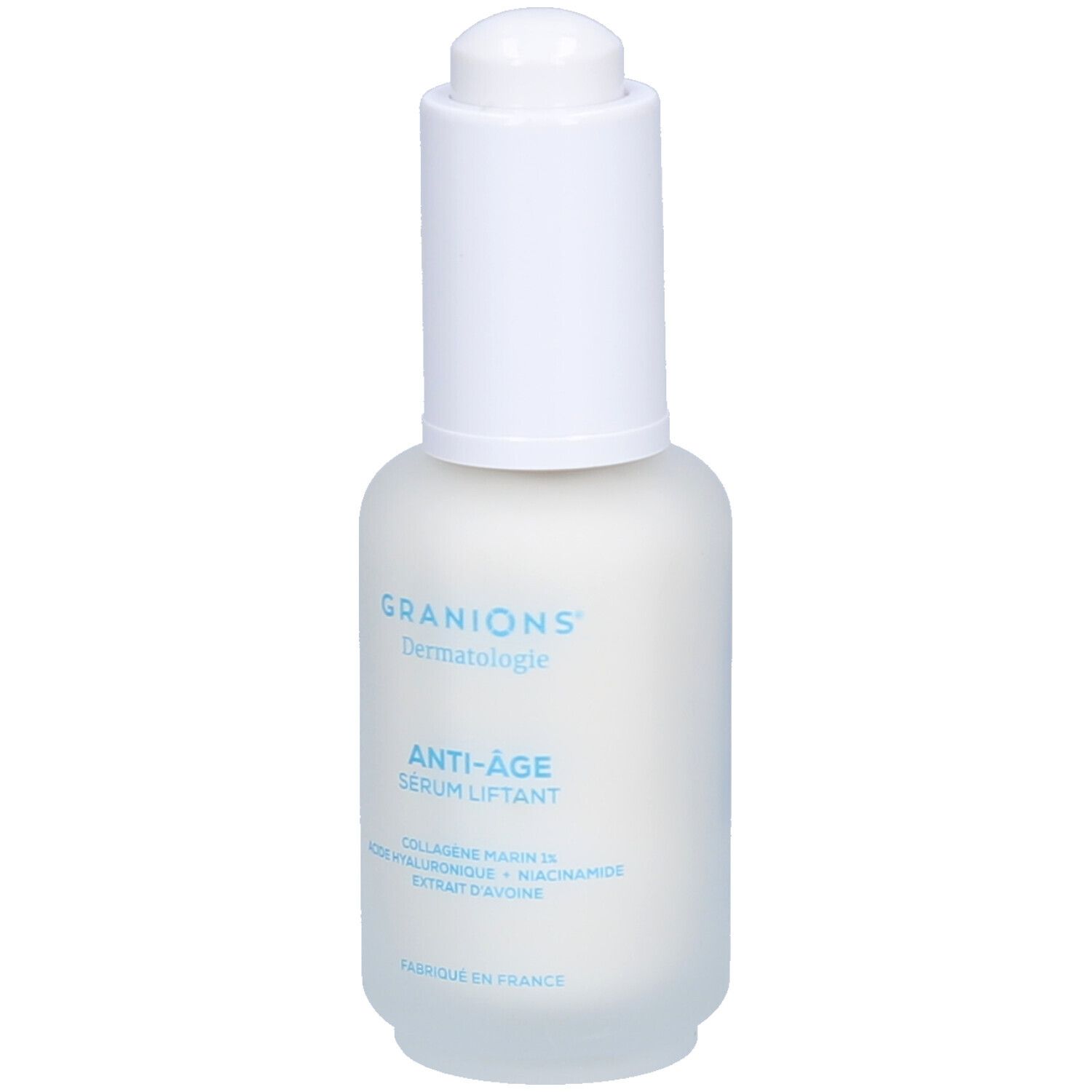 Flacon de sérum avec bouchon blanc. Inscription : Granions, Anti-Âge Sérum liftant. Contient collagène marin, acide hyaluronique et niacinamide.