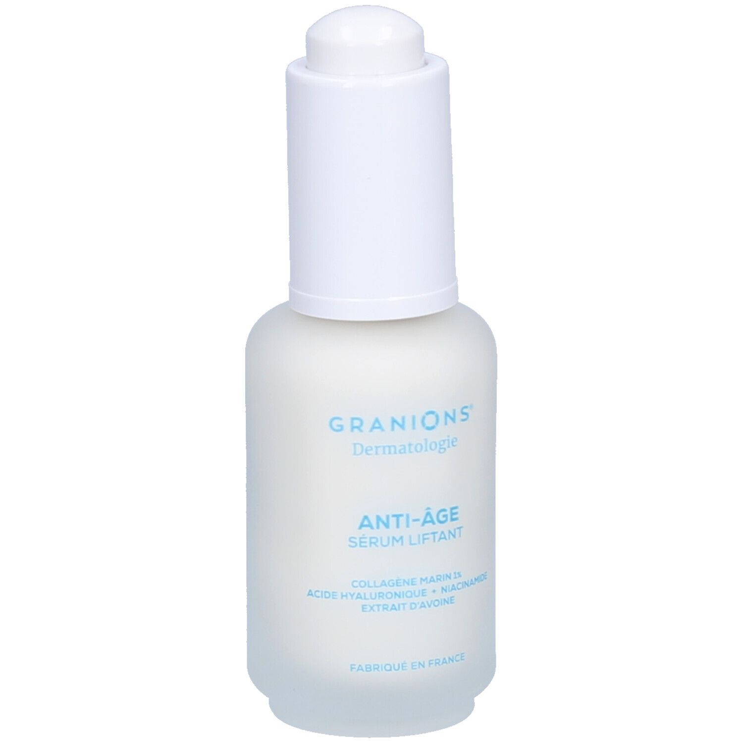 Flacon de sérum avec bouchon blanc. Inscription : Granions, Anti-Âge Sérum liftant. Contient collagène marin, acide hyaluronique et niacinamide.