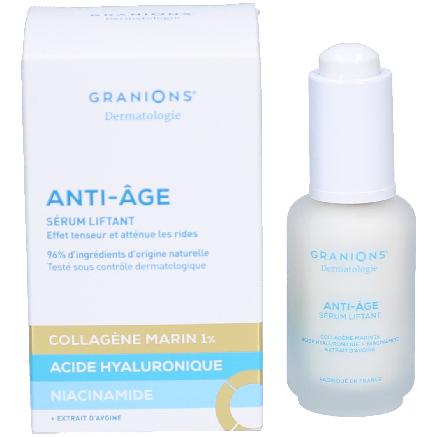 Emballage et flacon de sérum. Inscription : Granions, Anti-Âge Sérum liftant. Contient collagène marin, acide hyaluronique et niacinamide.