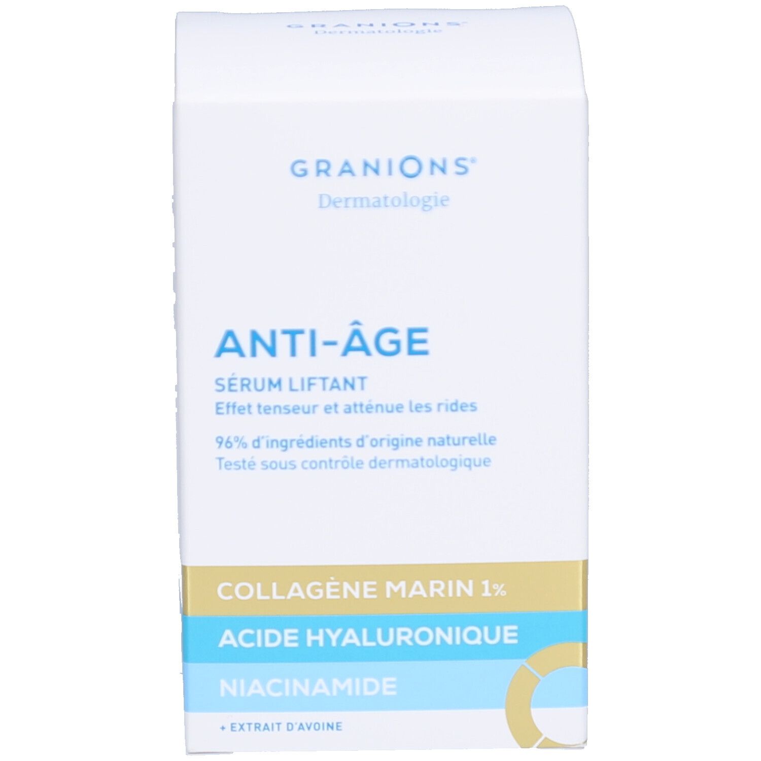 Emballage du produit. Inscription : Granions, Anti-Âge Sérum liftant. Contient collagène marin, acide hyaluronique et niacinamide.