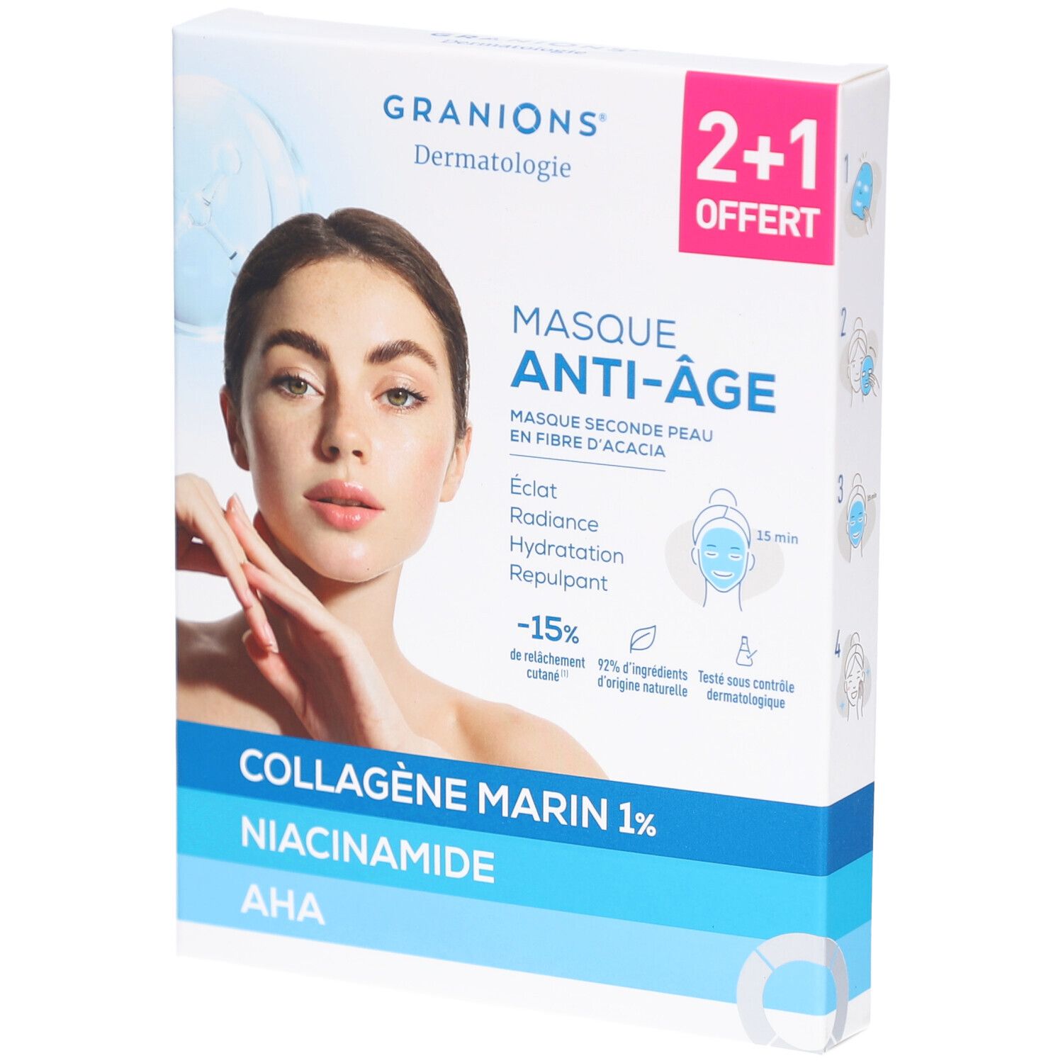Boîte de masques anti-âge Granions. Inscription : 2+1 offert. Contient Collagène Marin 1%, Niacinamide, AHA. Visage de femme.