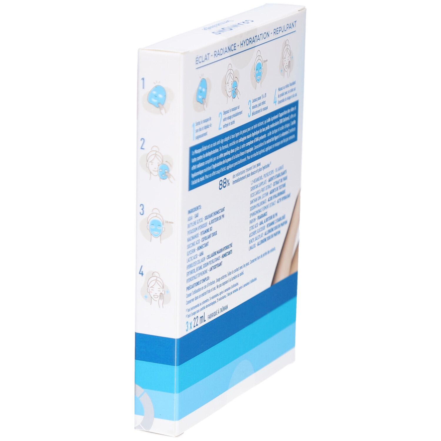 Dos de la boîte de masques anti-âge Granions en biais. Contient instructions et ingrédients. 3 x 22 ml.
