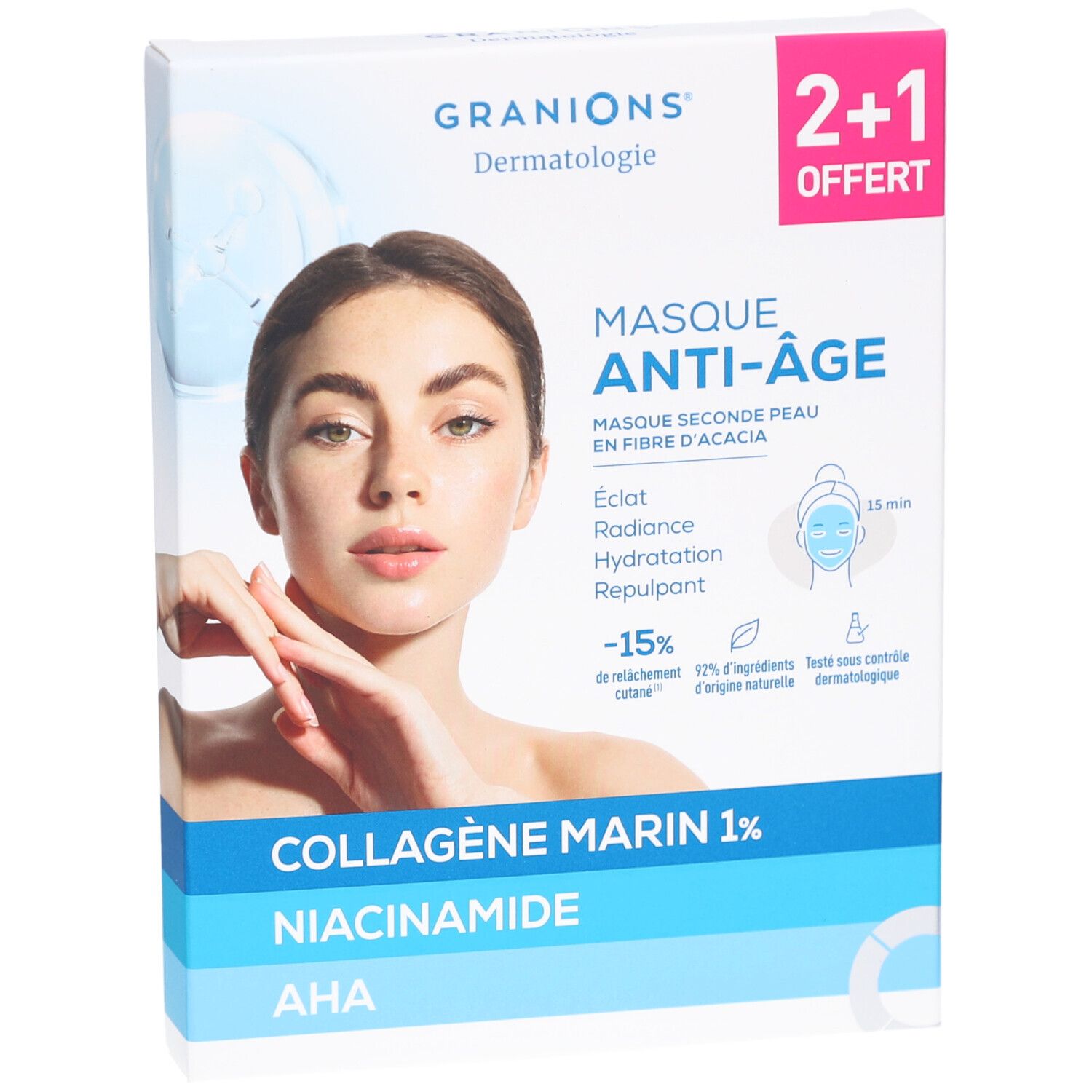 Boîte de masques anti-âge Granions. Inscription : 2+1 offert. Contient Collagène Marin 1%, Niacinamide, AHA. Visage de femme.