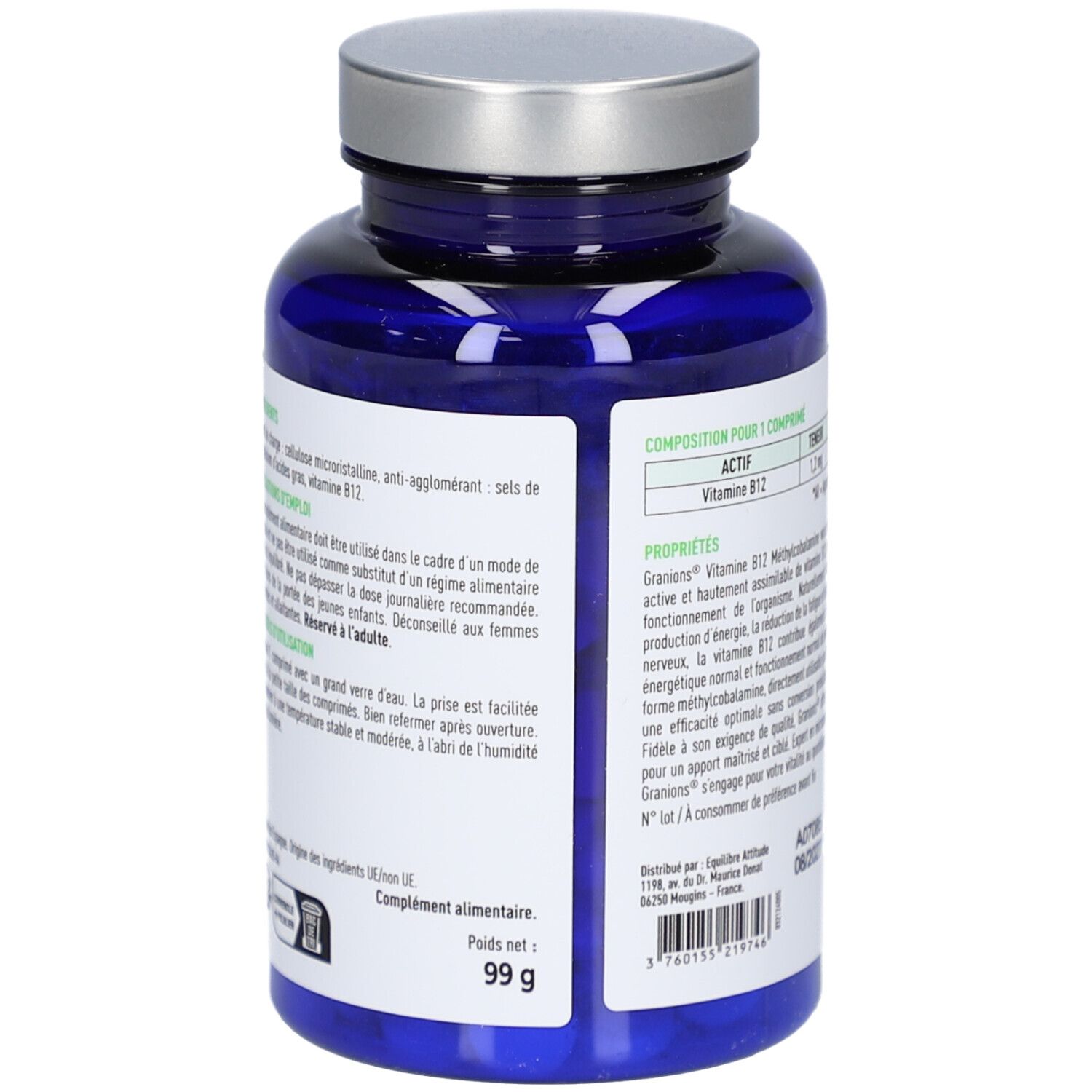 Dos du flacon bleu. Texte avec ingrédients et conseils d'utilisation. Poids net 99 g.