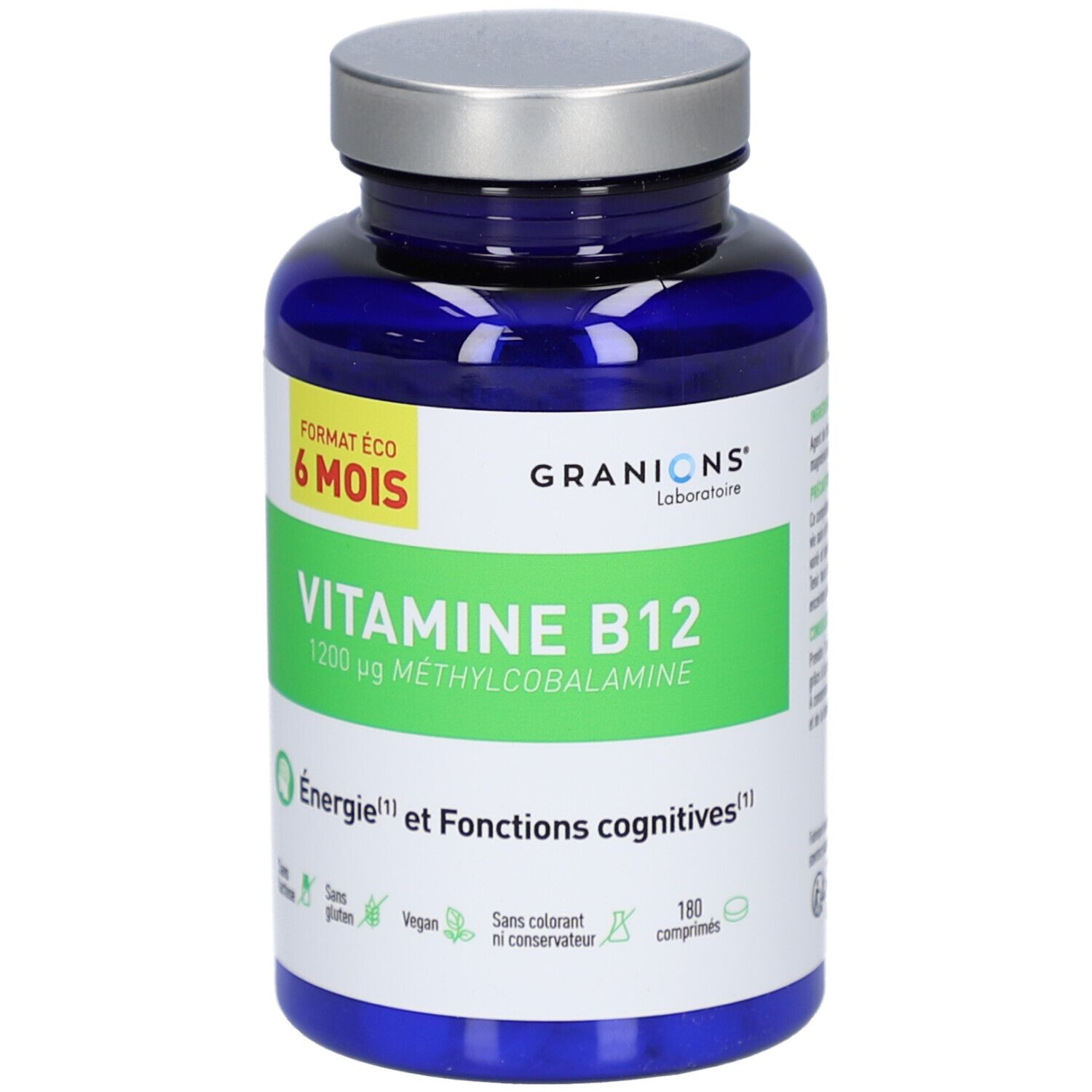 Flacon bleu, bouchon argenté. VITAMINE B12, 1200 µg METHYLCOBALAMINE. 180 comprimés.