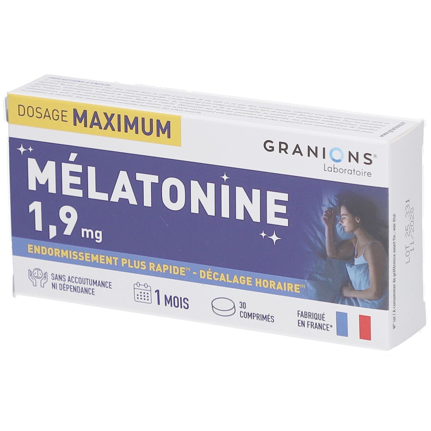 Boîte de GRANIONS Mélatonine 1,9mg. Inscription bleue, femme dormant. 30 comprimés, 1 mois. Fabriqué en France.