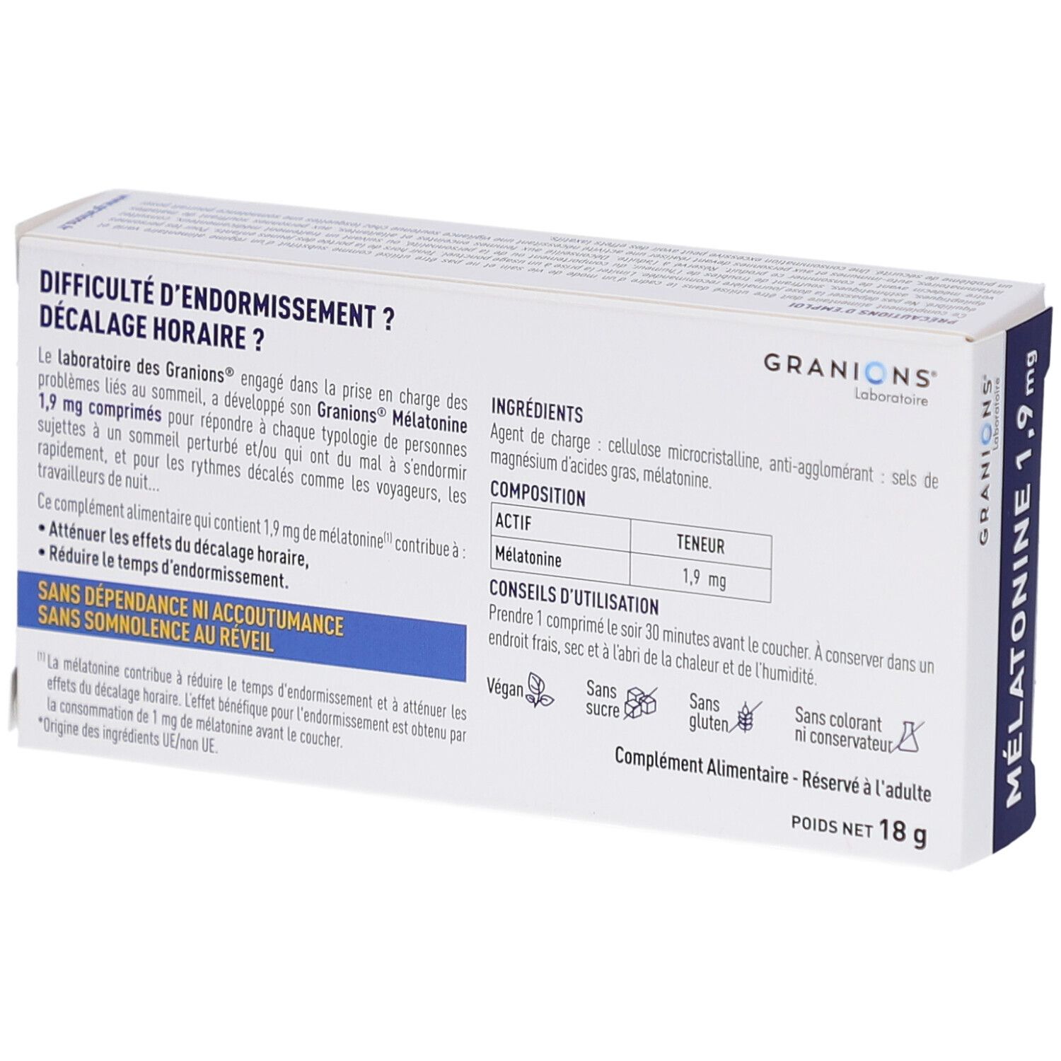 Dos de la boîte GRANIONS Mélatonine 1,9mg. Texte en français. Ingrédients, conseils d'utilisation.
