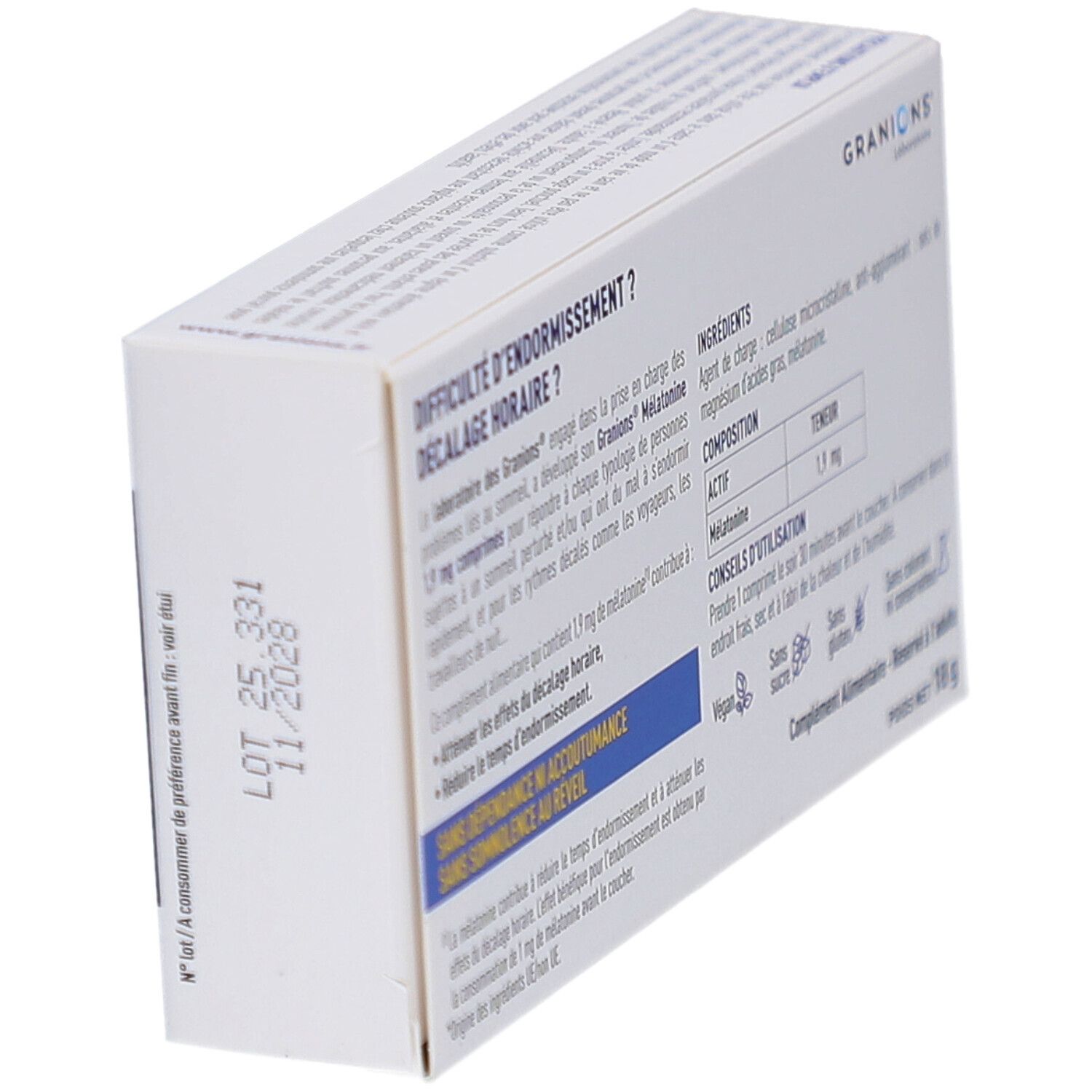 Dos de la boîte GRANIONS Mélatonine 1,9mg. Texte en français. Date de péremption.